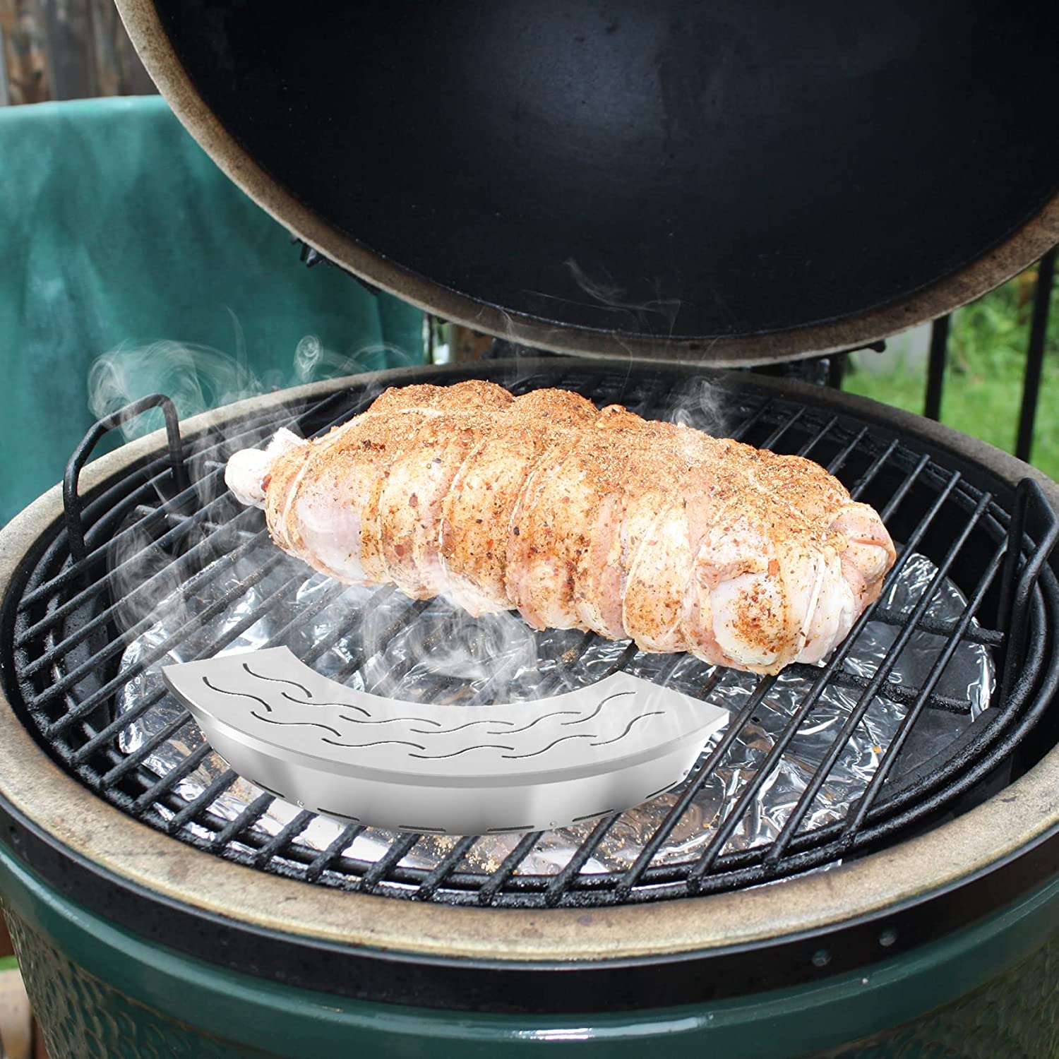 Onlyfire Caja de Ahumado en Forma de Abanico con Tapa de Tetera Weber 47-57cm, Kamado Joe Classic, para Big Green Egg Grande y Otras Teteras de Carbón y Parrillas de Cerámica Similares
