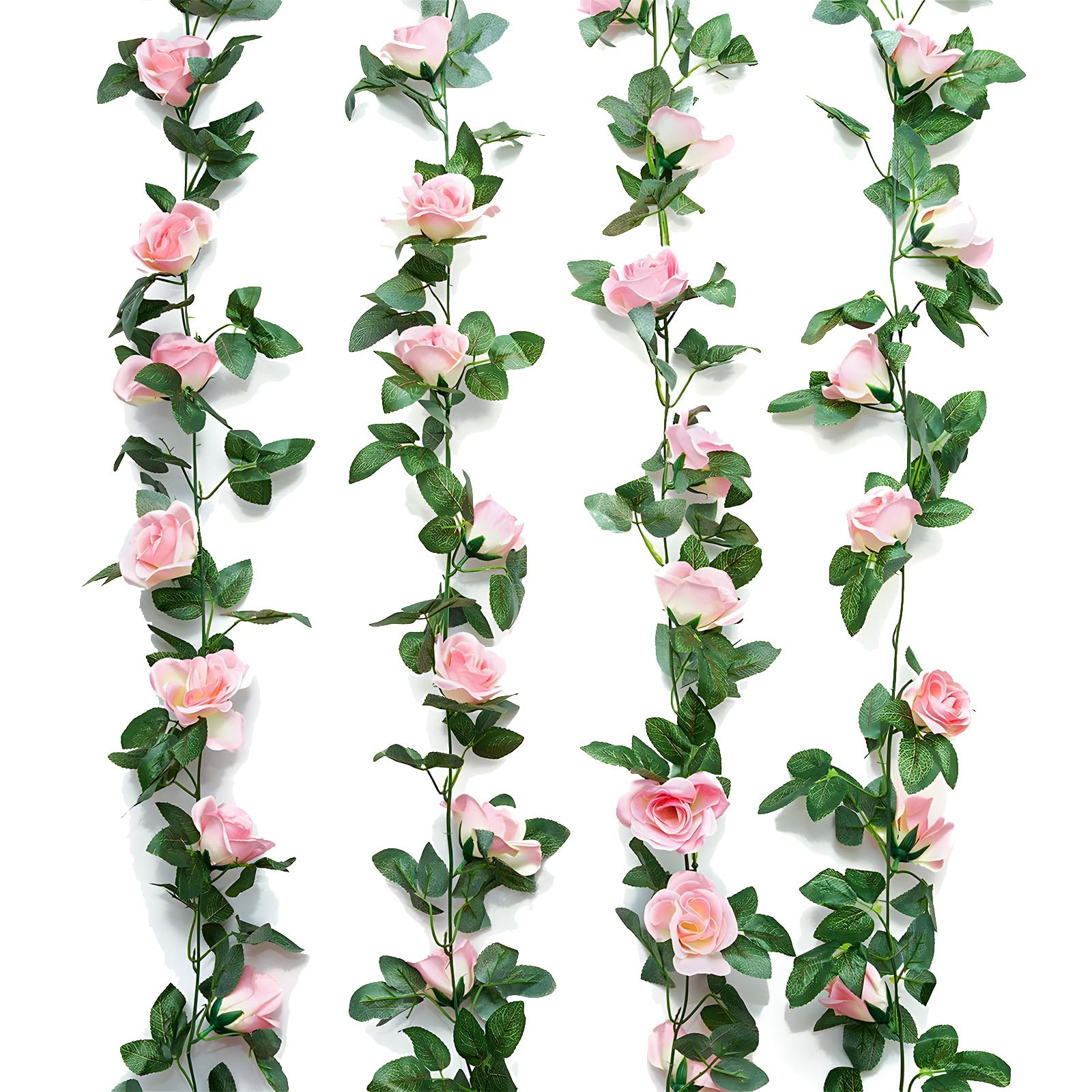 4PCS Artificial Flower Garlands, 28.8ft Silk Rose Vine Garland with 64 Flowers, Spring Garland, Pink Flower Garland for Wedding Party Background Arch Garden and Home Decor(Pink)