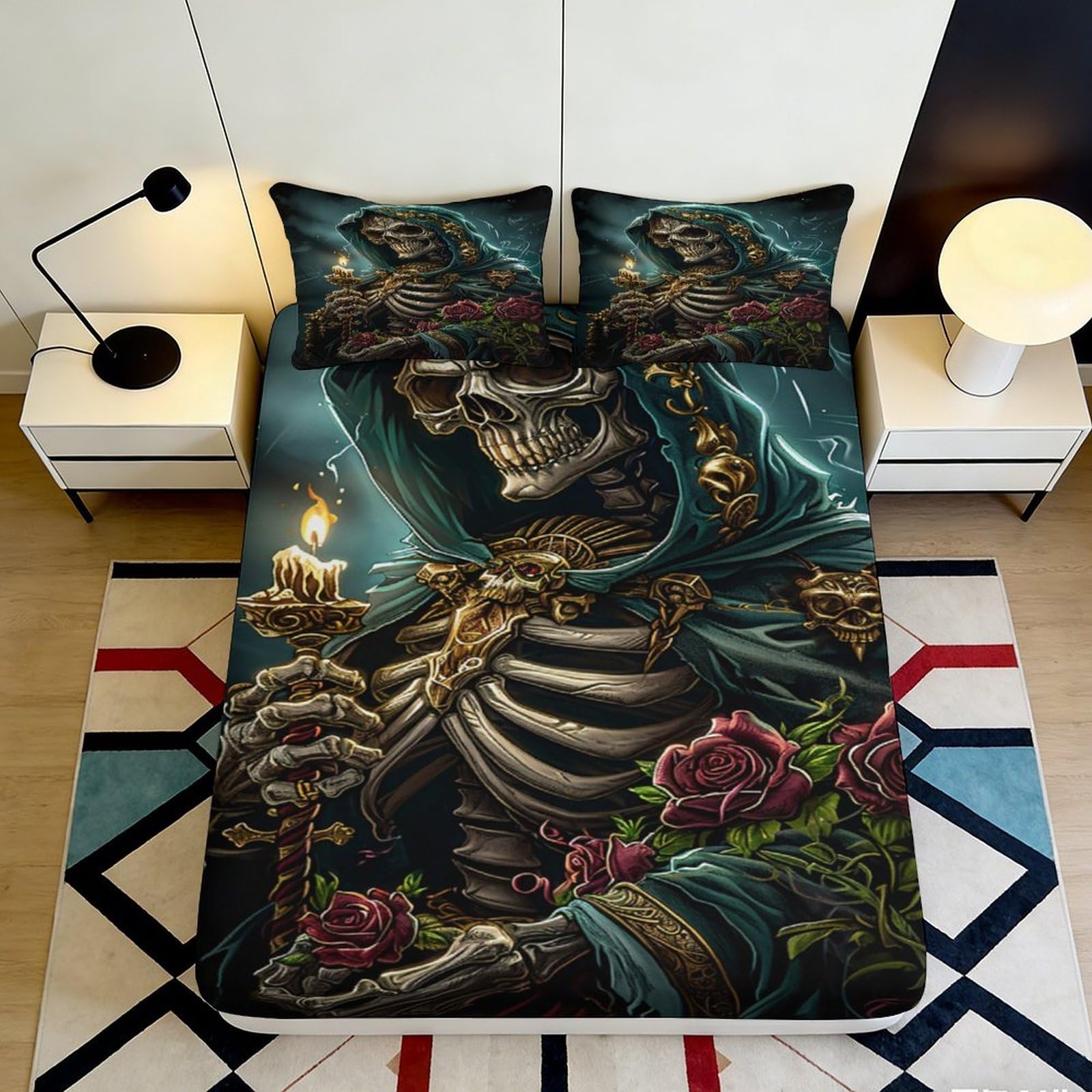3D Printed Skeleton Candle Fitted Sheet Microfiber Bedroom Decor Gothic Rose Mattress Cover for Home Dorm 90x200x25cm