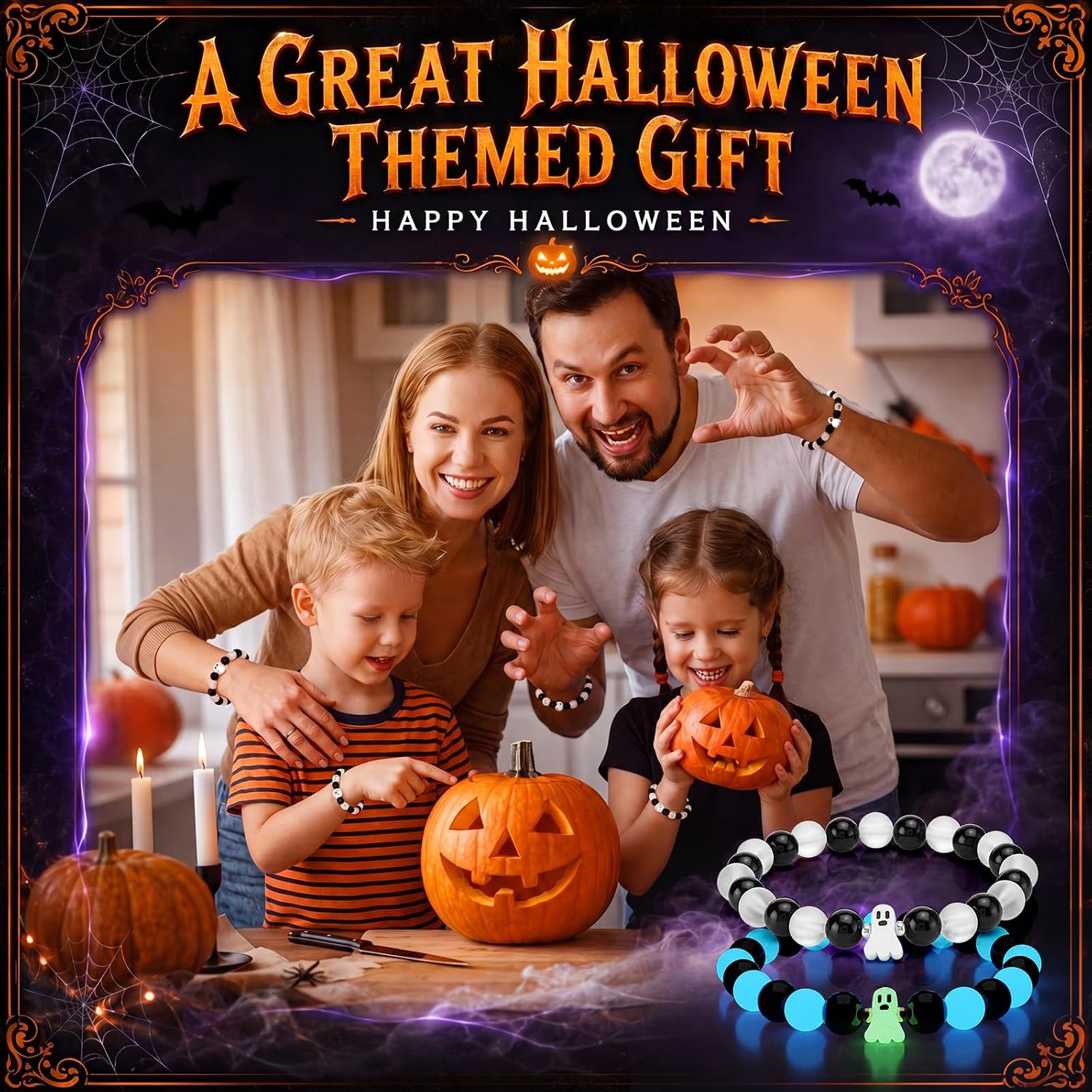Tondiamo 12 Sets Halloween Ghost Bracelets Bulk Adjustable Luminous Beaded Bracelets with Inspirational Card Halloween Jewelry Accessories for Women Friends Party Goodie Bag Fillers