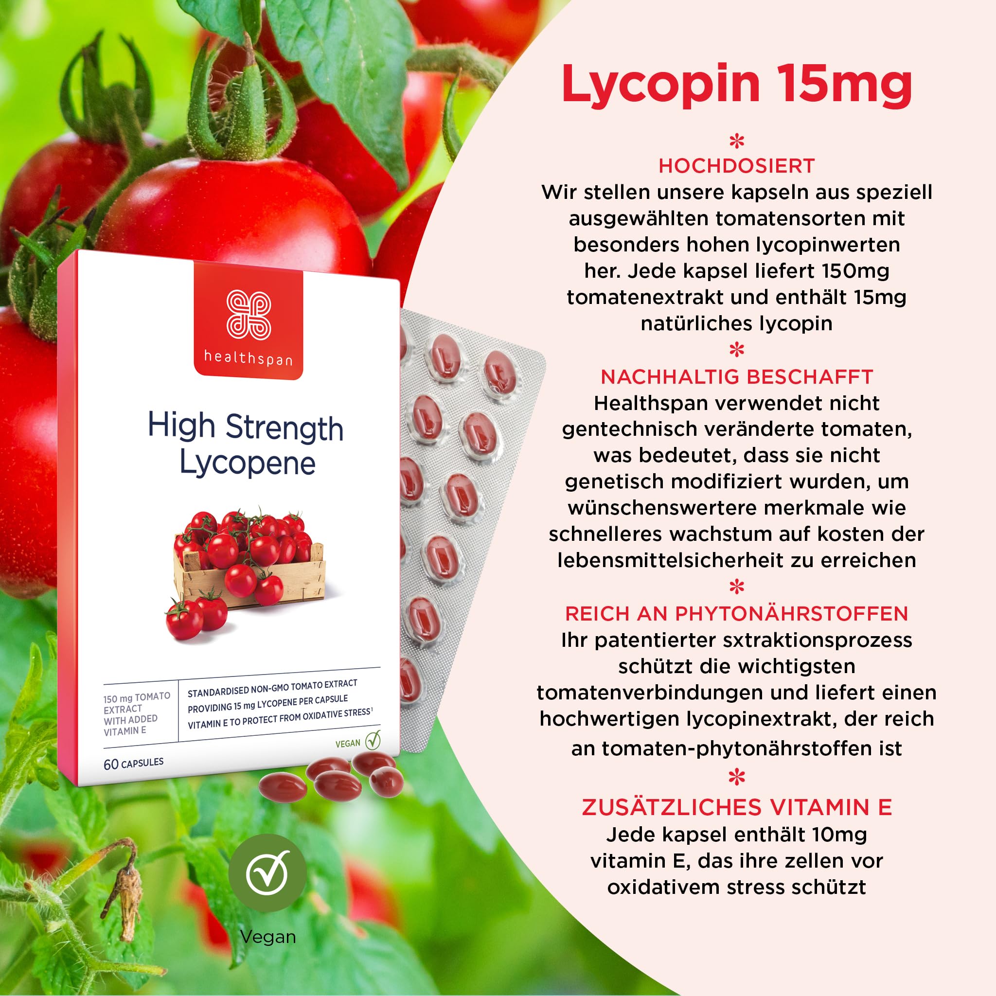 Healthspan Lycopin 15 mg | 150 mg Tomatenextrakt | Vitamin E | Reich an Tomaten-Phytonährstoffen | Keine GVO-Tomaten | Vegan | 60 Kapseln