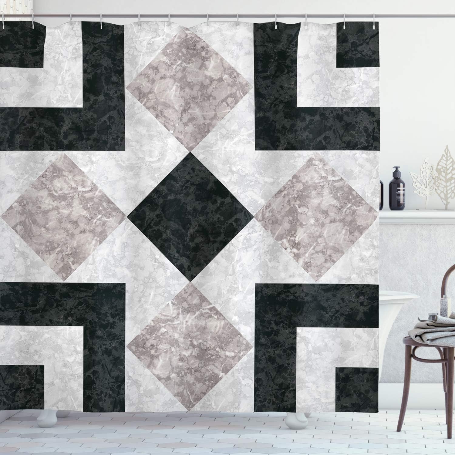 Ambesonne Marble Print Shower Curtain, Nostalgic Stone Mosaic Regular Design Alluring Elements Art, Cloth Fabric Bathroom Decor Set with Hooks, 69" W x 70" L, Black Beige 69" W x 70" L Black Beige