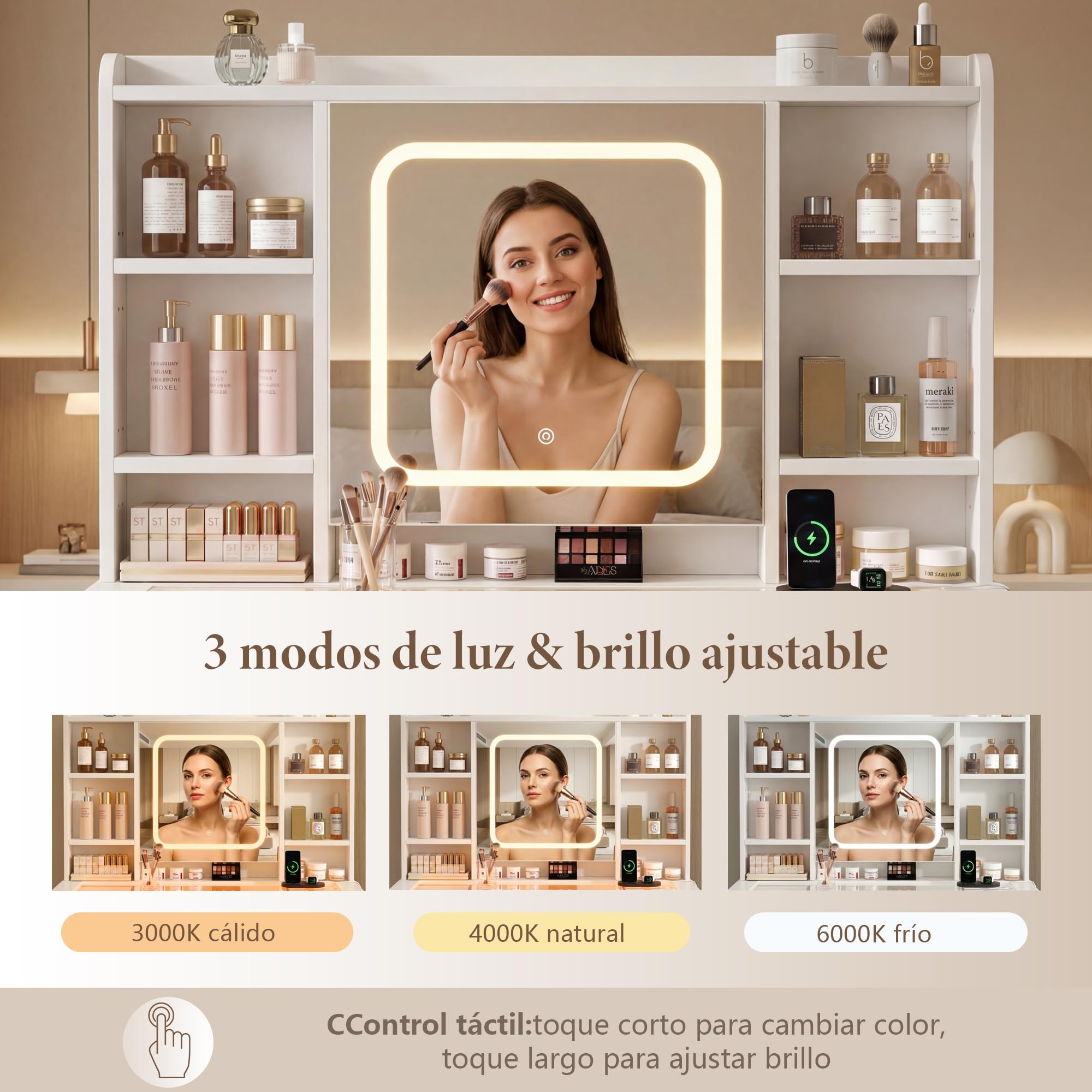 Heybly Tocador de Maquillaje con Espejo LED y Luz, Tocador Grande con Cajones y Cristal, Luces RGB, Enchufes y Puertos USB, Tocador Moderno Blanco para Dormitorio BDT001WT