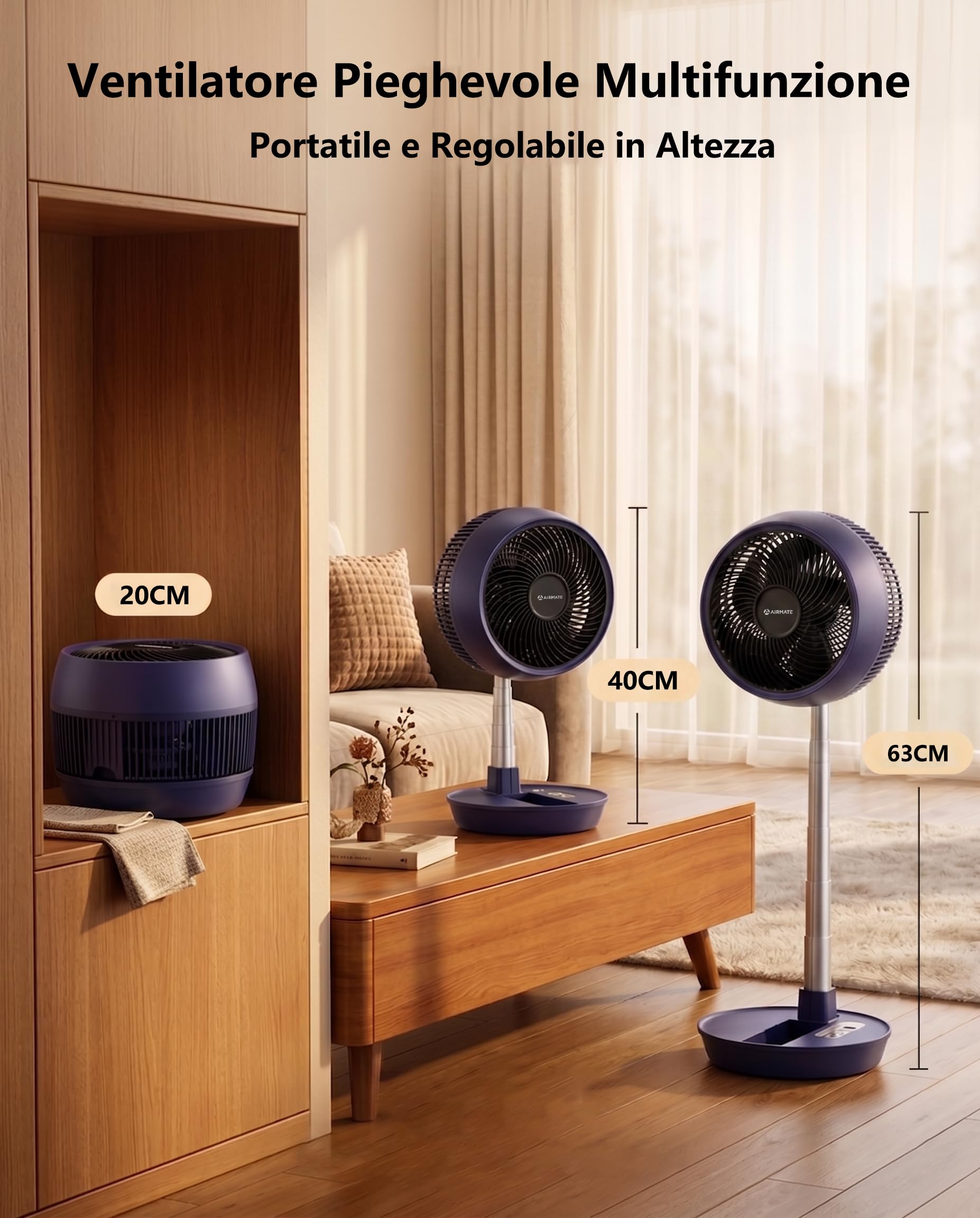 AIRMATE 63CM Ventilatore a Piantana con Telecomando, Ventilatore da Tavolo Silenzioso Pieghevole e Altezza Regolabile, 90°+180°Oscillante, 8 Velocità, Timer, Ventilatore Potente per Scrivania e Camera