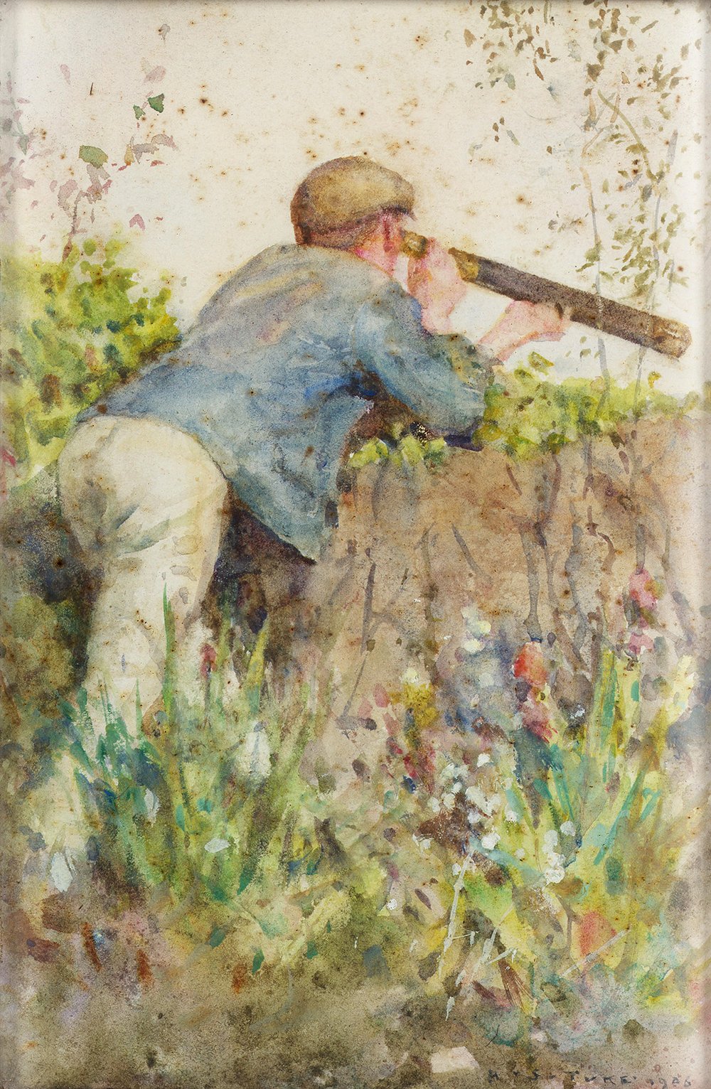 Tableau Henry Scott Tuke Man Looking Through a Telescope avec cadre noir mat