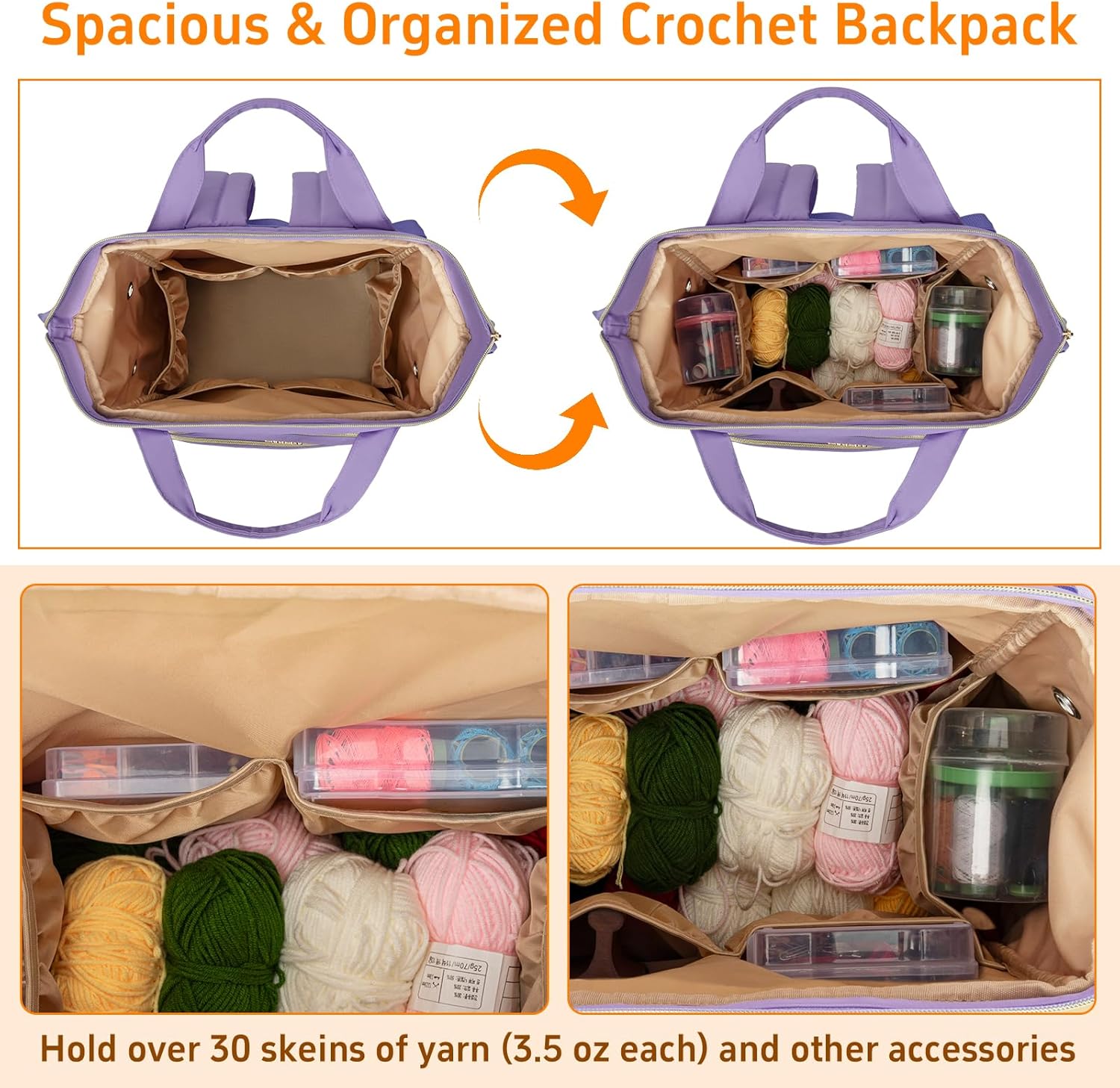Knitting Bag Backpack, Large Crochet Bag Organizer,Water-resistant Yarn Storage Organizer Tote Bag Yarn Holder for Crochet Hooks, Knitting Needles, Supplies