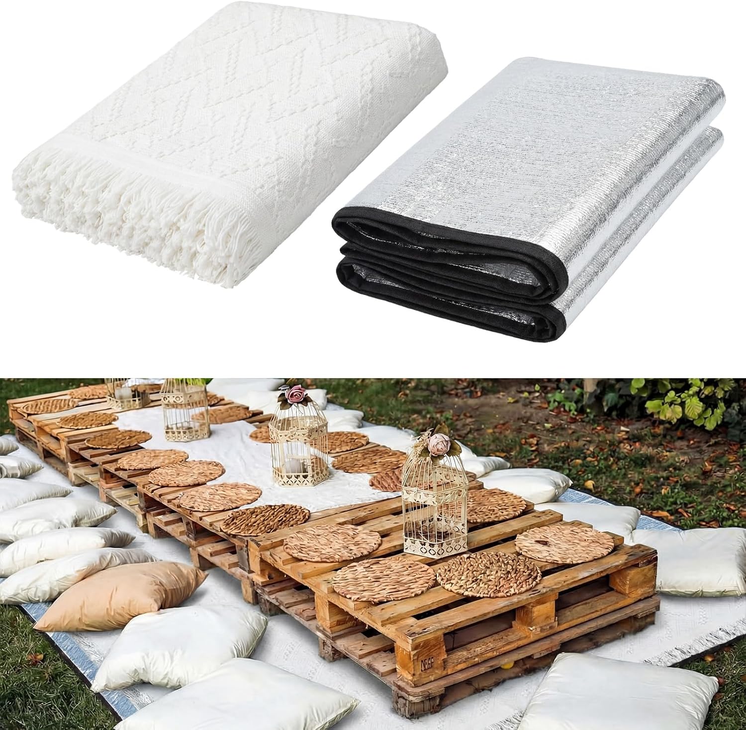 110×134'' Extra Large Outdoor Picnic Blanket with Waterproof Mat Oversize Beach Woven Cotton Yarn Blanket with Fringe Machine Washable Sandproof Portable for Spring Summer Camping Beach Park