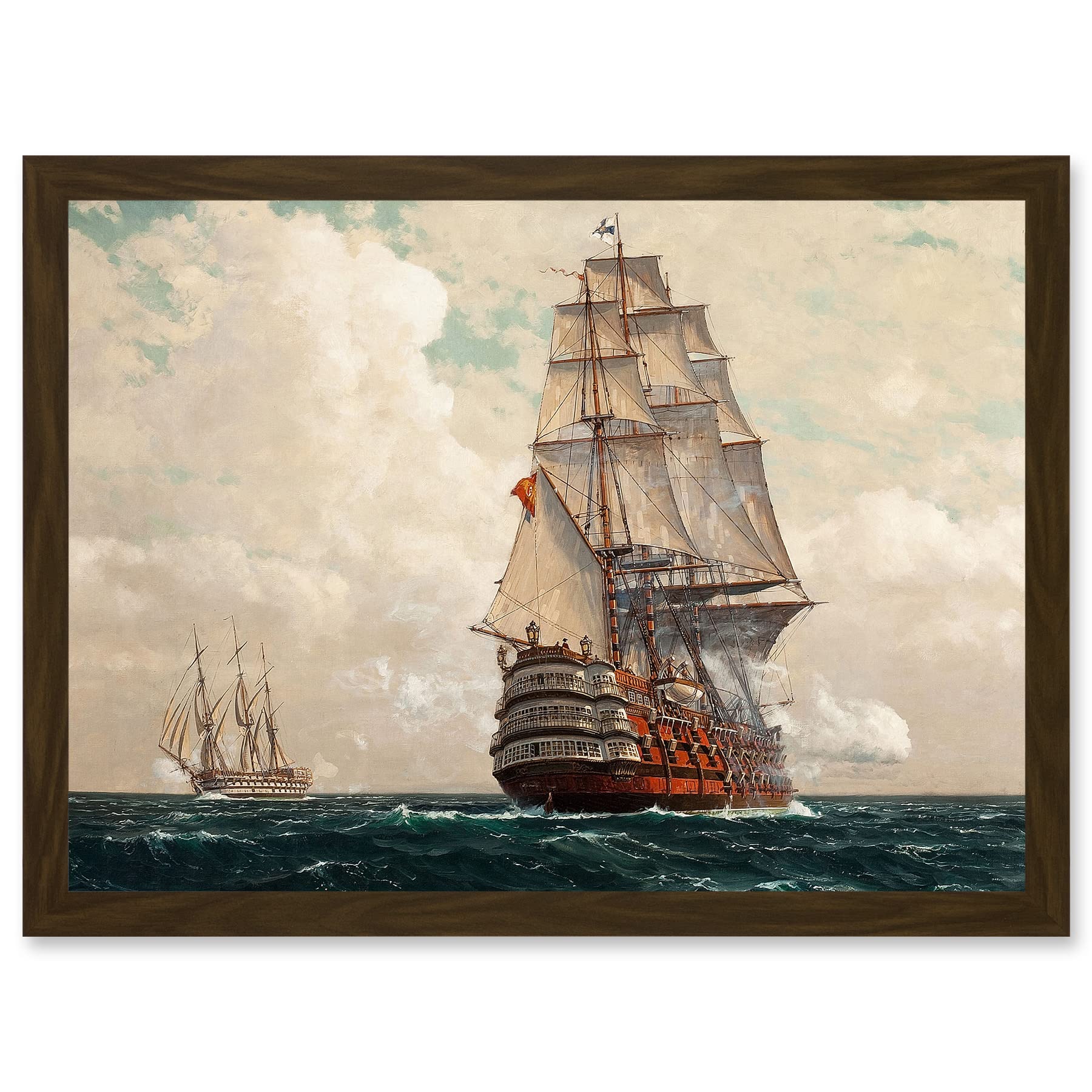 Seascape Naval Diemer Ship At Sea Men O War Passing Artwork Framed Wall Art Print A4 - Artery8