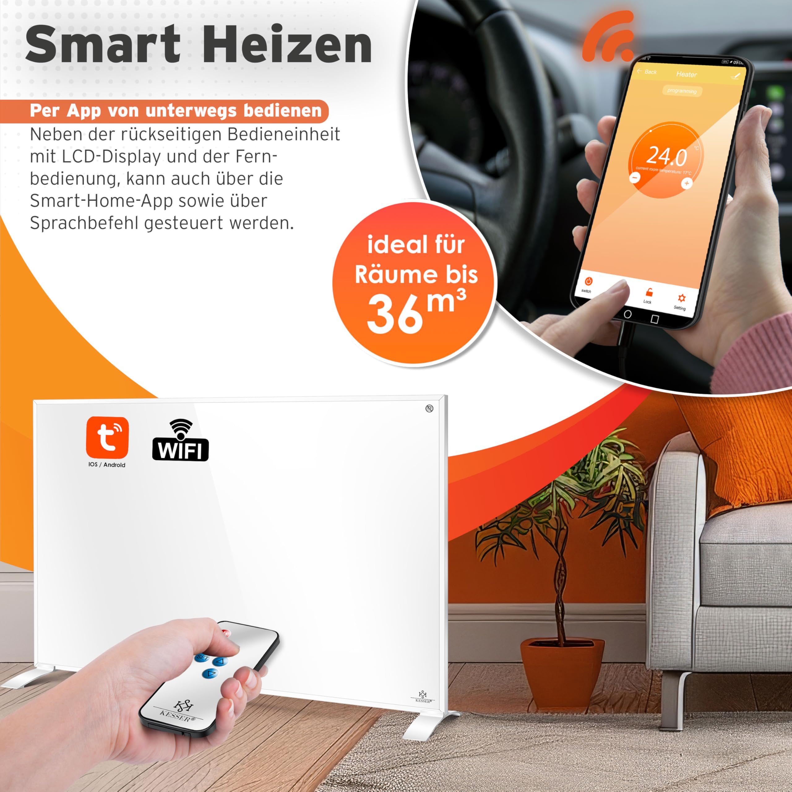 KESSER® Chauffage infrarouge à économie d'énergie - Appareil sur pied et montage mural - Chauffage électrique - 550W - Avec télécommande - Thermostat et commande d'application - Panneau chauffant