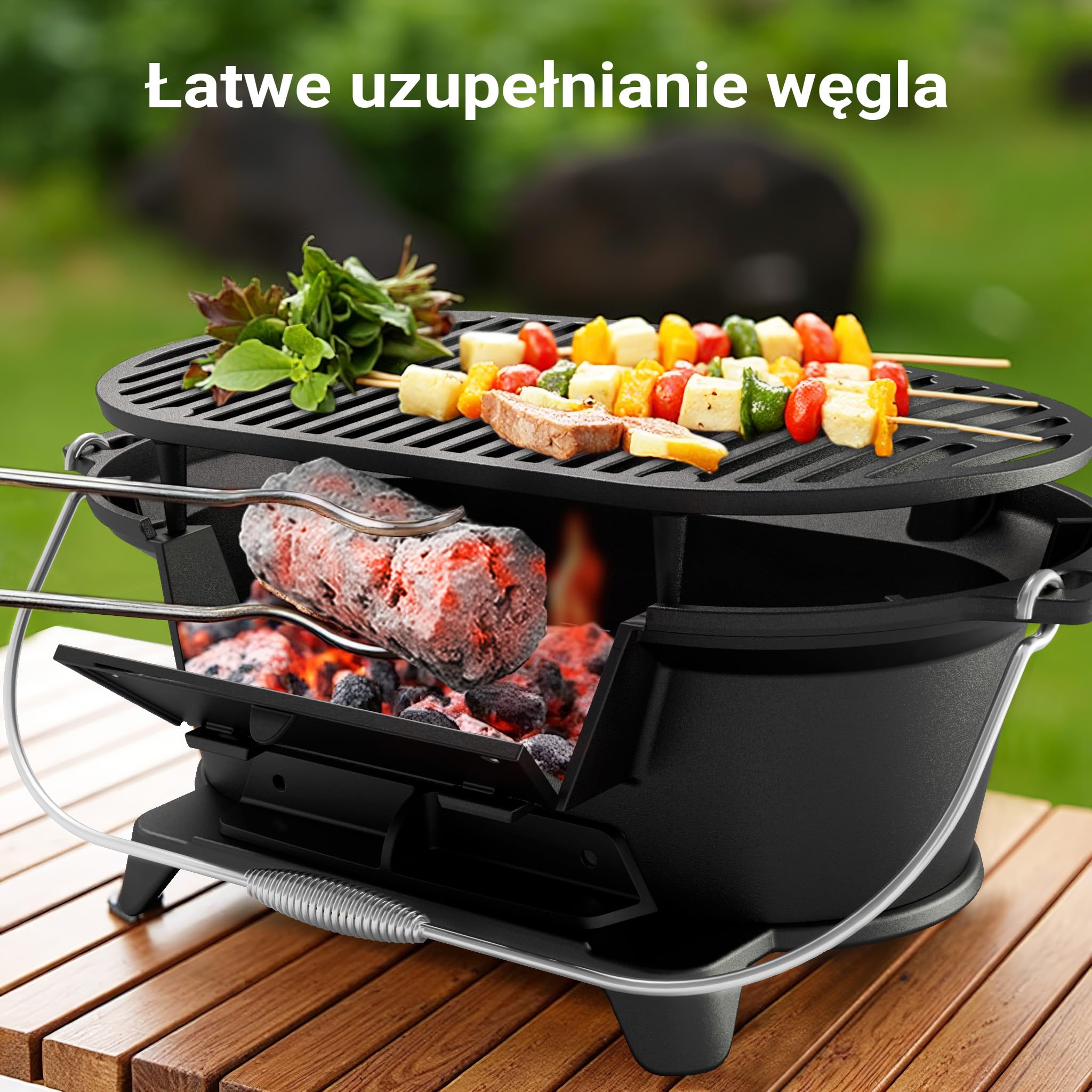 Wiltec Przenośny grill żeliwny o wymiarach 500 x 270 x 210 mm, z uchwytami i płytą do grillowania, miska na węgiel z otworem wentylacyjnym