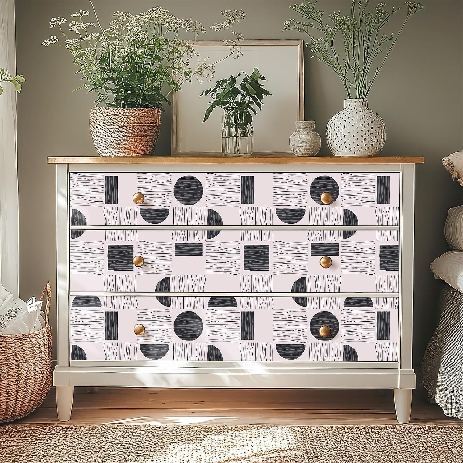 CRE8TIVE Abstract Geometric Peel and Stick Wallpaper Line Circle Semicircle Rectangular Square Black Beige Contact Paper for Cabinets Accent Walls 12"x118" Self Adhesive Minimalist Geometric Wallpaper