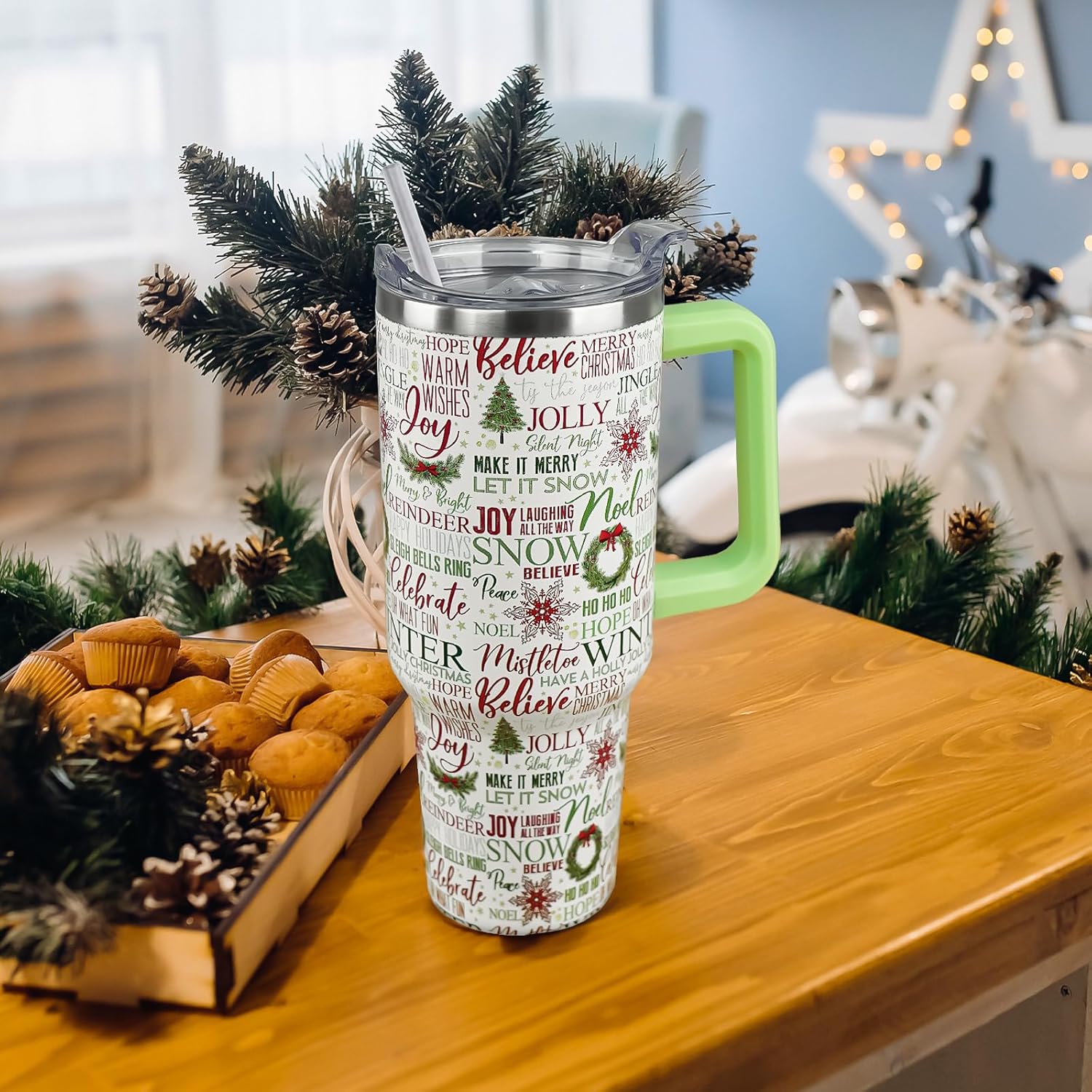 Christmas Tumbler 40 oz Xmas Tree Cup Winter Coffee Travel Mug Stainless Steel Insulated Cups Joy Holiday Water Bottle Christmas Decor Gifts - Image 2