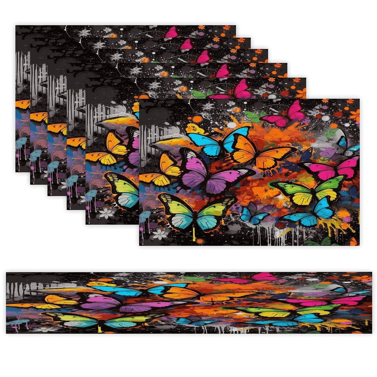 Art Graffiti Butterflies Print Table Runner and Placemats Set of 6 Wipe Clean Heat Resistant Table Mat with Table Runner Decorations Flax Linen Place Mat Set for Home Kitchen Party Supplies