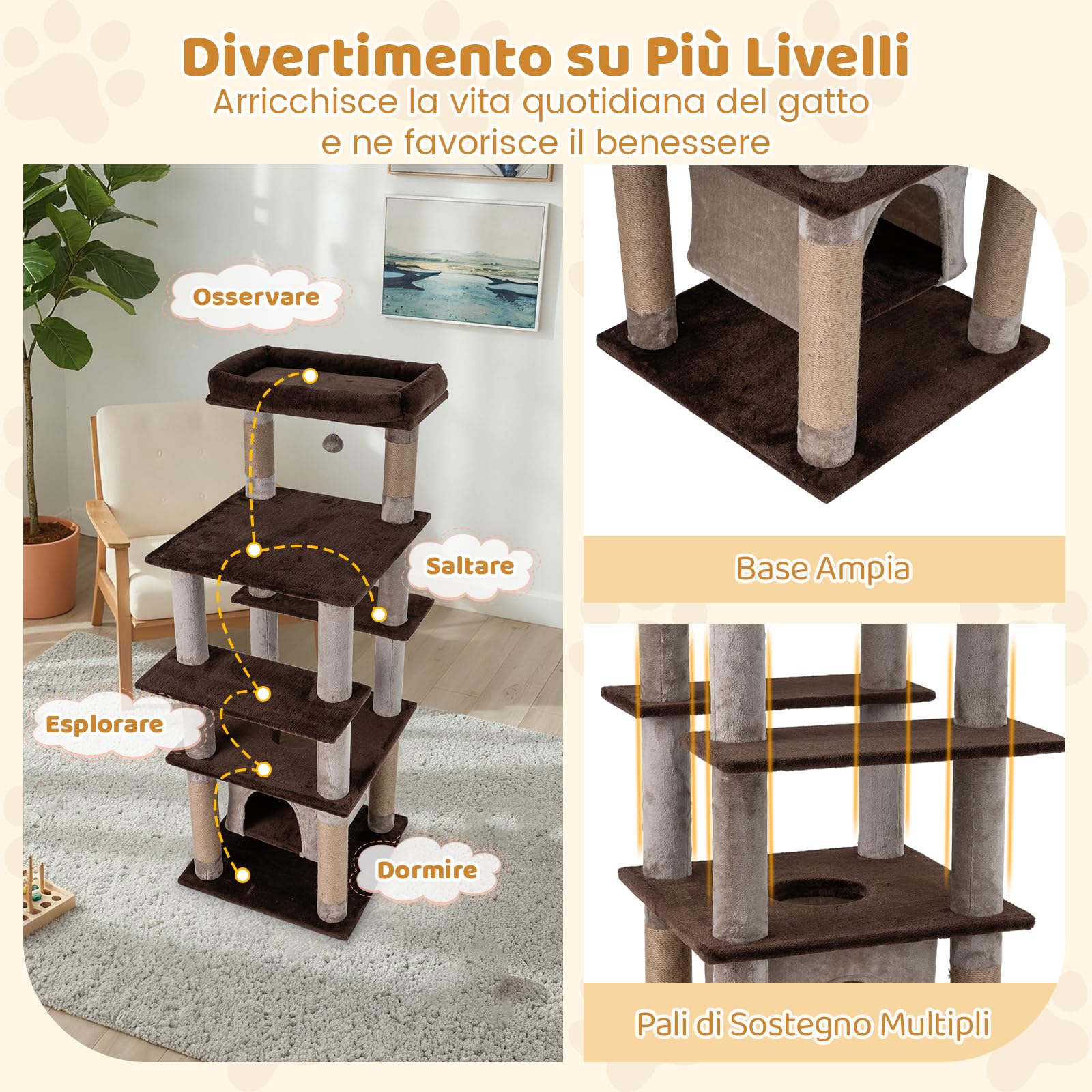 COSTWAY Albero per Gatti Alto 148 cm con Condo Aereo Oscillante