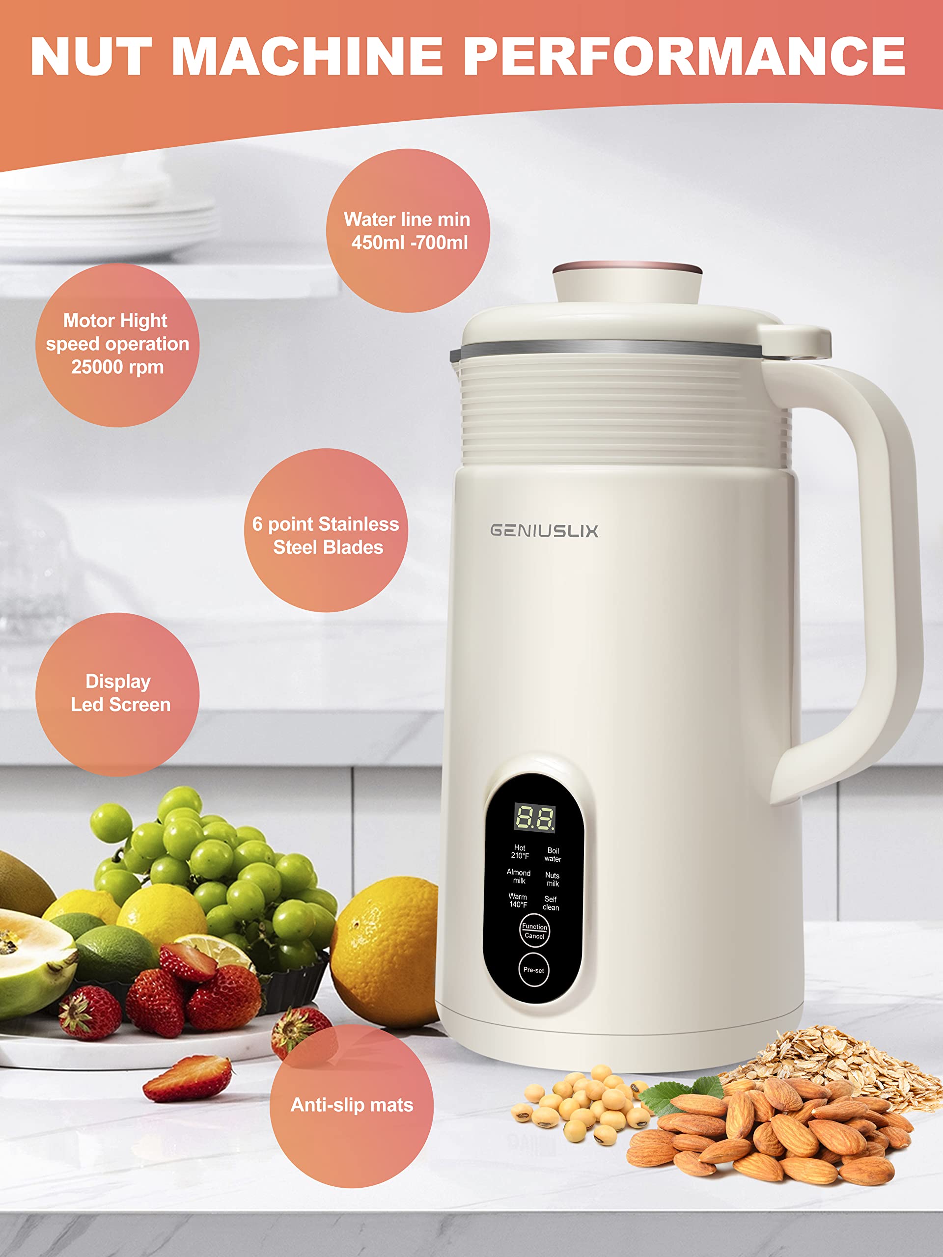 Macchina per fare il latte di noci per latte fatto in casa, a base vegetale con pulizia automatica e controllo della temperatura, macchina per latte di soia, bevande non casearie, macchina