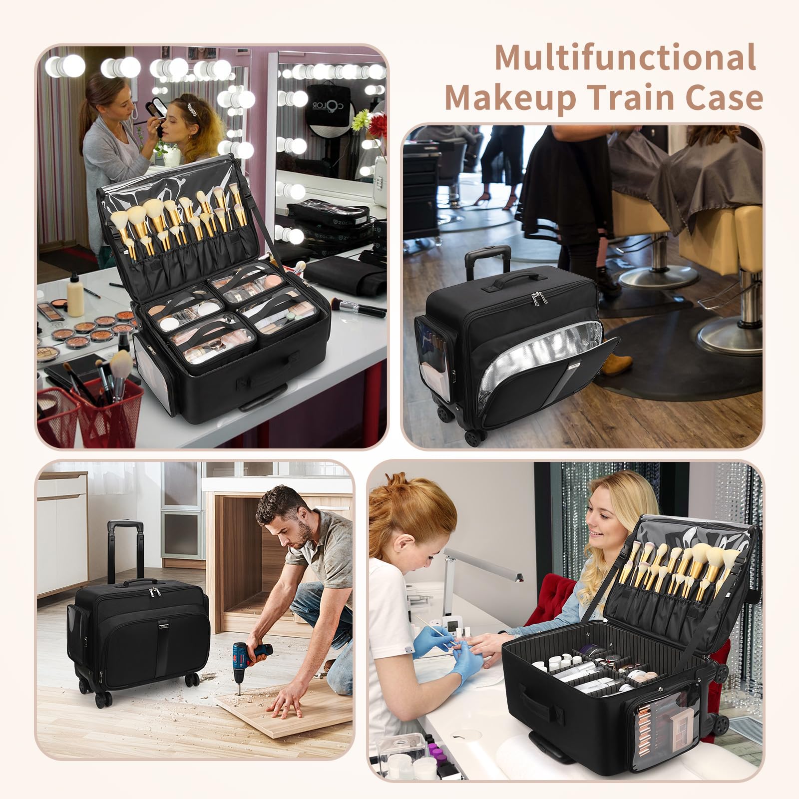 Grande valigetta cosmetica trolley, professionale beauty case con 4 piccole borse cosmetiche, valigetta da viaggio per cosmetici, organizer portatile da parrucchiere, Nero , Viaggio