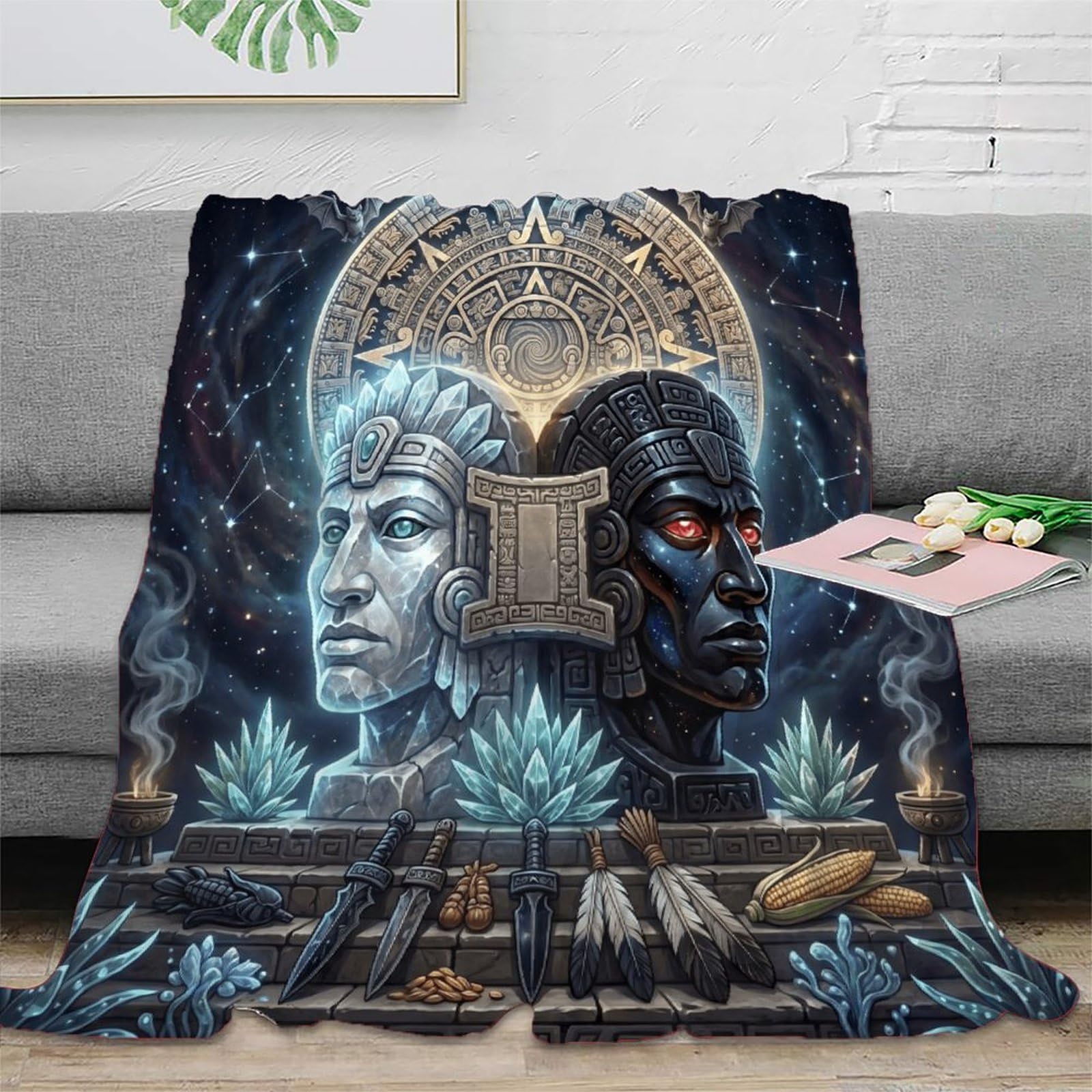 H3B8U2Y5 Gemini Zodiac Aztec Art for Flannel Throw Blanket, Bedroom Nap Use