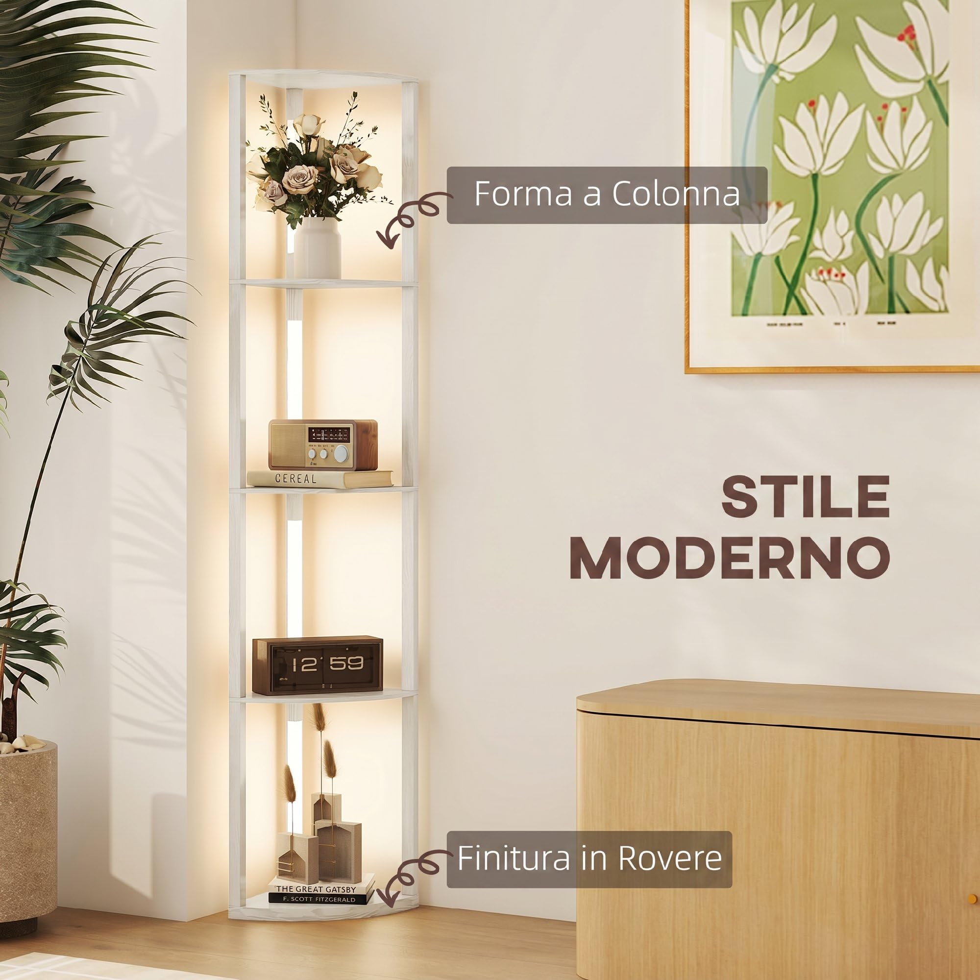 HOMCOM Lampada da Terra con 4 Ripiani Regolabile 41x29.5x163.5 cm Rovere | Da LED da 3000K, 3 Livelli, Lampada Moderna a Colonna in MDF