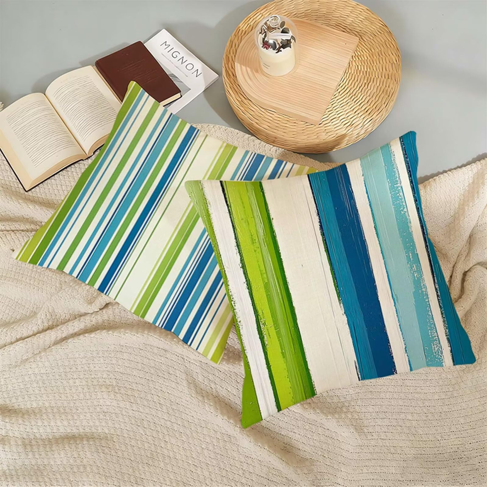 Fundas Cojines 80x80 Verde Juego de 2,Impermeable Exterior Funda Cojin Lino,Cómodo Transpirables,Antimanchas y Durable Funda de Cojines Raya Primavera Salón,Dormitorio Decoración Hogar Regalo X-340