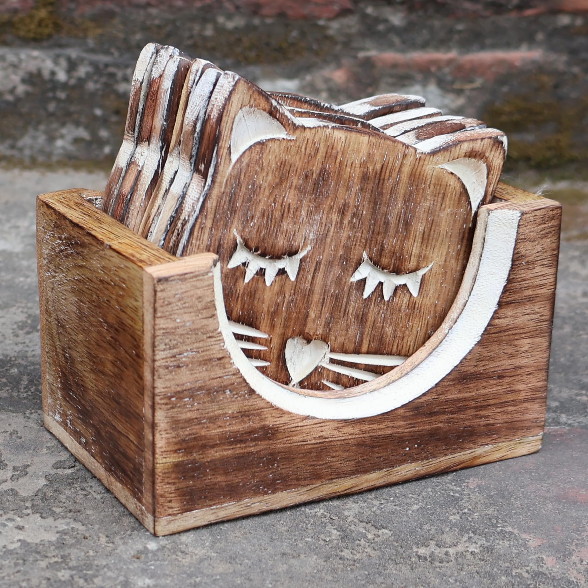 Cat Coasters Set of 6 – Handmade Wooden Cat Shape Coasters for Drinks – Mango Wood Bar Coasters with Holder – Ideal for Coffee, Tea, Mugs, Cups, Wine Glasses