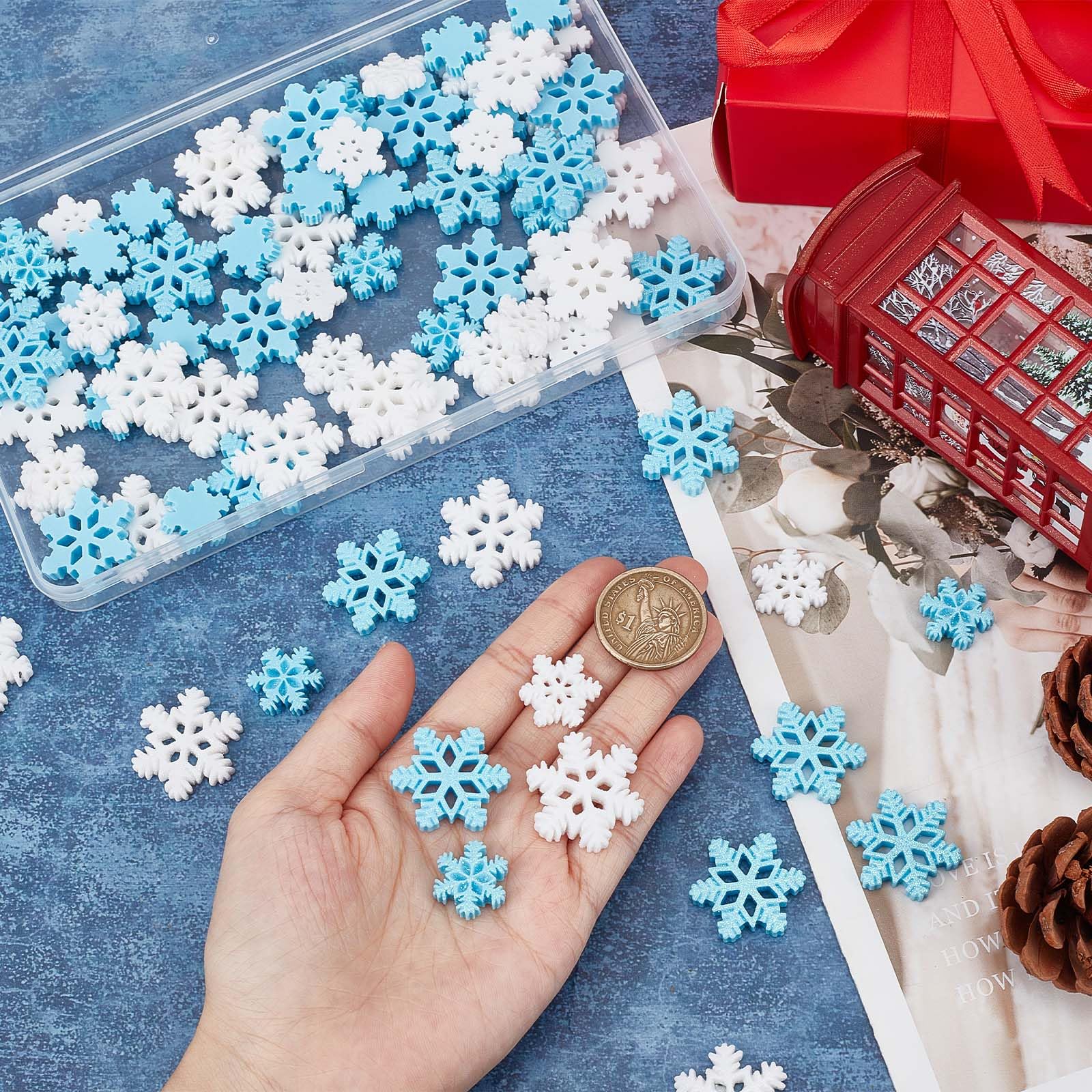 SUNNYCLUE 1 Box 80Pcs 2 Styles Mini Resin Snowflake Christmas Cabochon Resin Snowflakes Snow Charms Winter Cabochons for Embellishments Scrapbooks Cell Phone Case Hair Clip DIY Crafts Gift Decor - Image 3