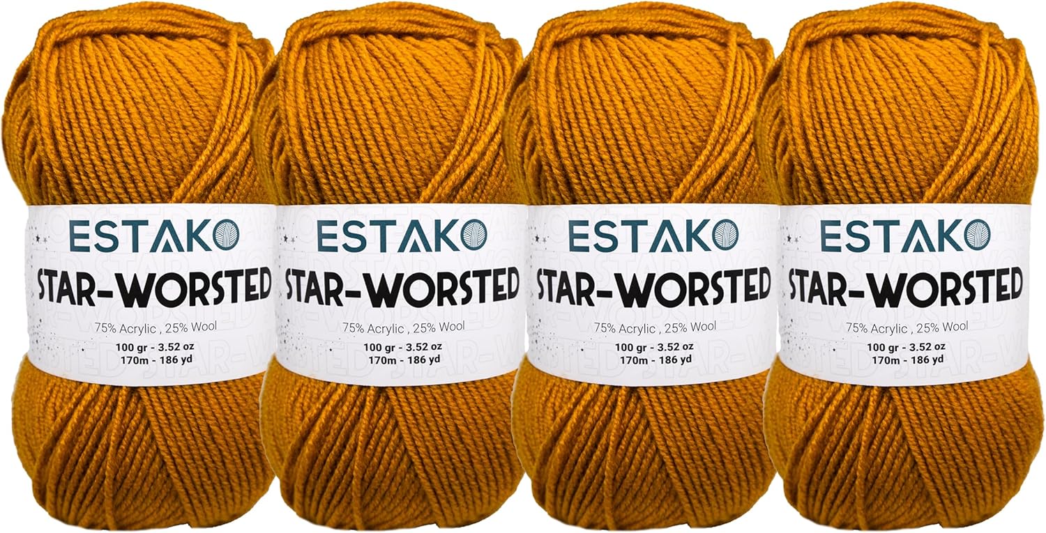Estako Star-Worsted Yarn - (4 Skeins Pack) - 75% Acrylic 25% Wool - Soft Medium Weight #4 - (4 x 3.52 oz / 4 x 186 yds) - Crochet & Knitting Yarn (42061 - Dark Yellow)