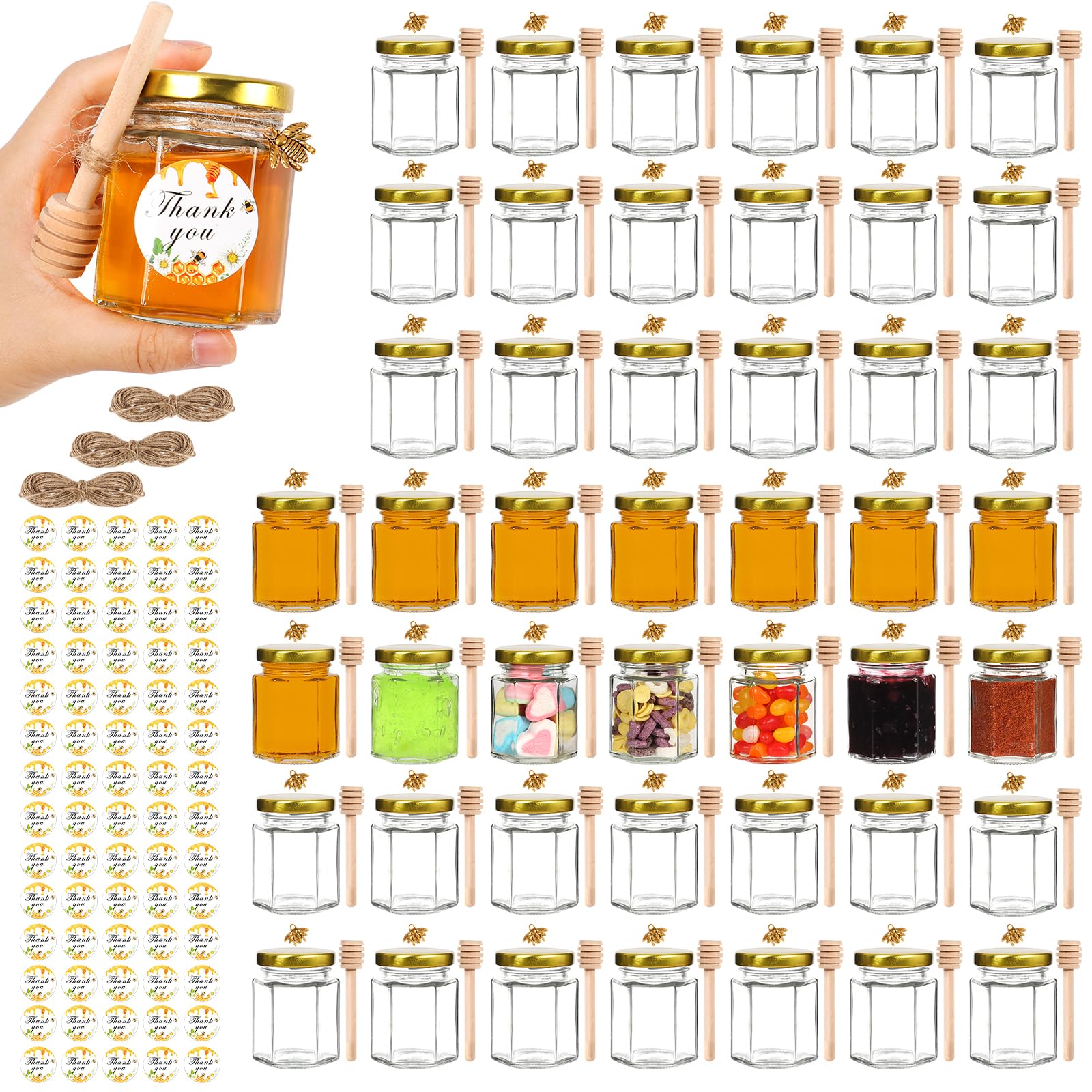 AuroTrends 3oz Honey Jars with Dipper 48Pack, Mini Honey Jars for Baby Shower Favors/Wedding Favors for Guests Bulk-Mini Glass Jars with Lids/Wooden Dippers (3 fl.oz-48Pack)