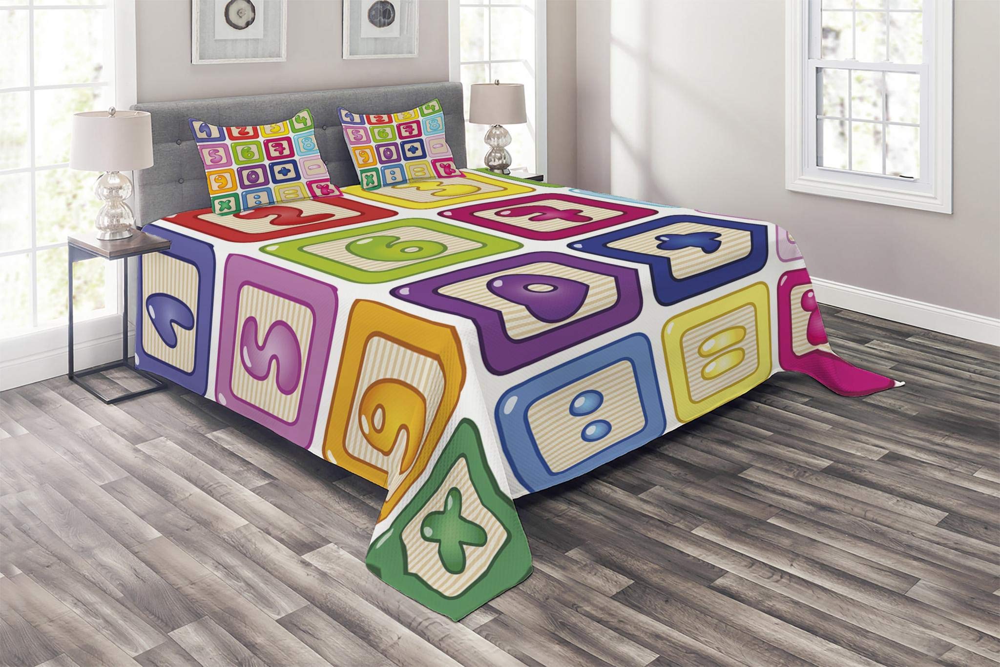 Lunarable Mathematics Room Coverlet, Vibrant Colorful Number Blocks and Operations, 3 Piece Decorati