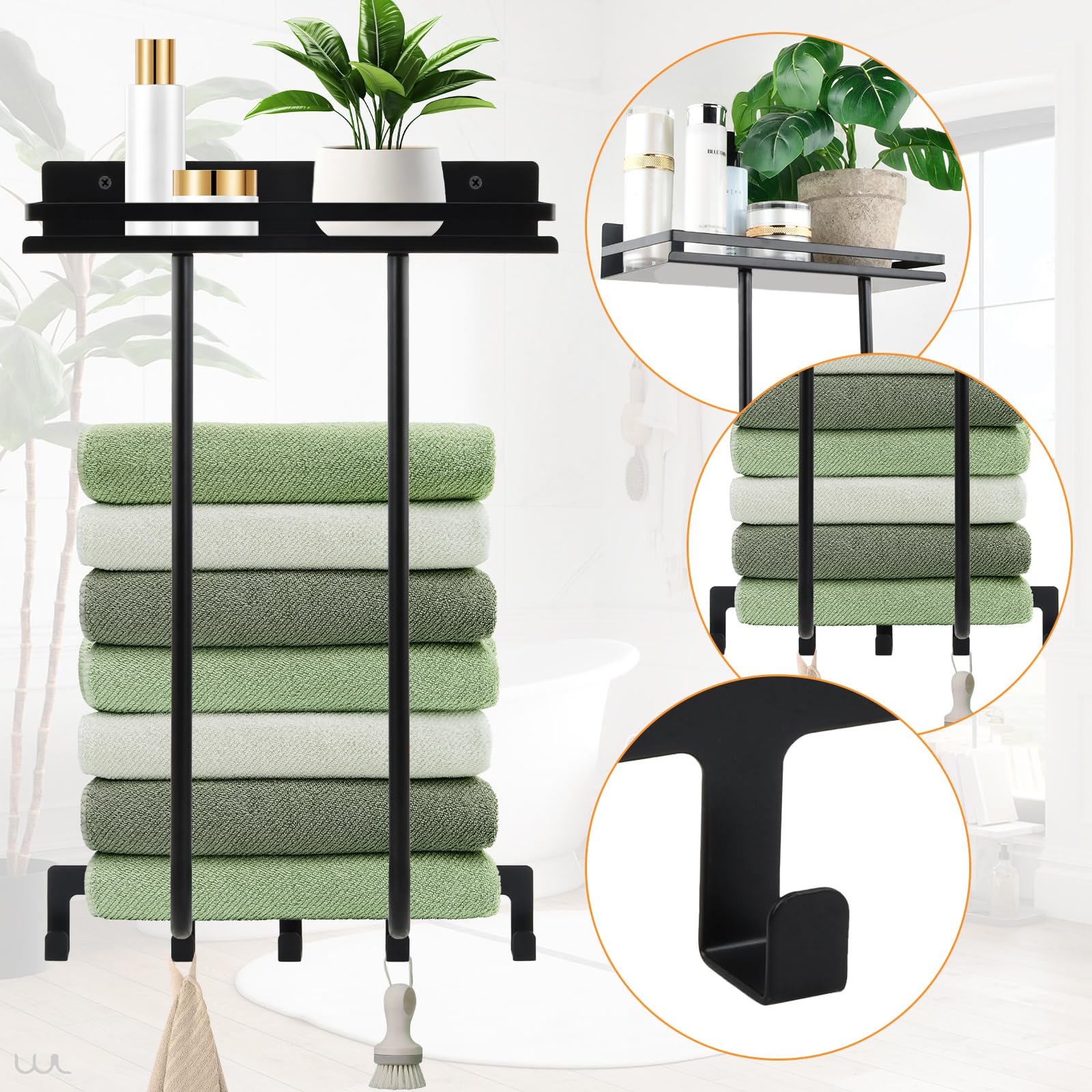Volumoon Porte-Serviettes Mural Noir Mat 3-en-1 Avec Étagère, 4 Crochets & Barre - 32x16x45 Cm
