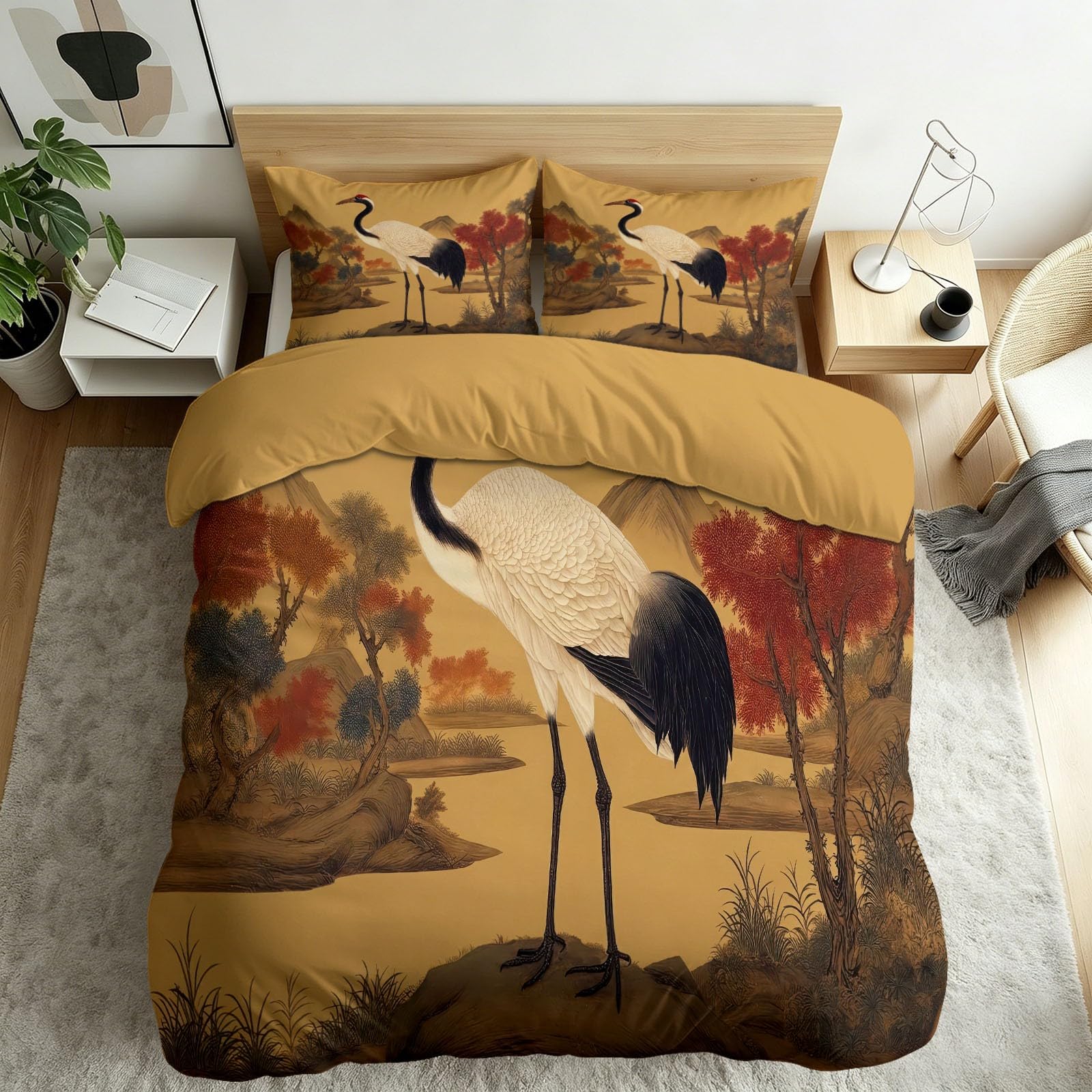 Housse de couette 140x200 grue asiatique marron en microfibre avec 2 taies d'oreiller