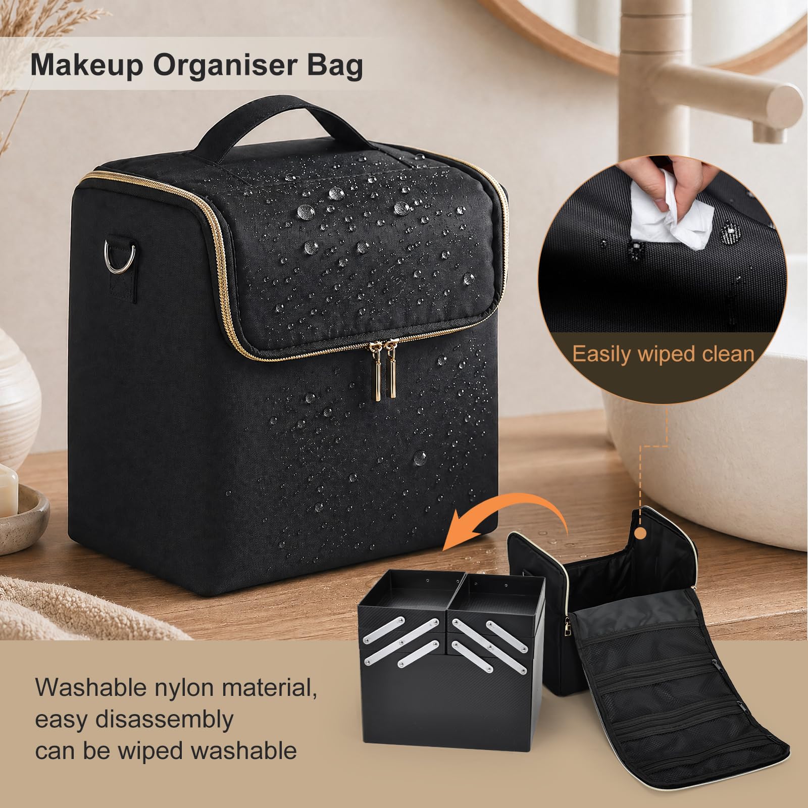 Joligrace Trousse per trucchi e cosmetici, organizer per smalti con tracolla, Oro e nero.