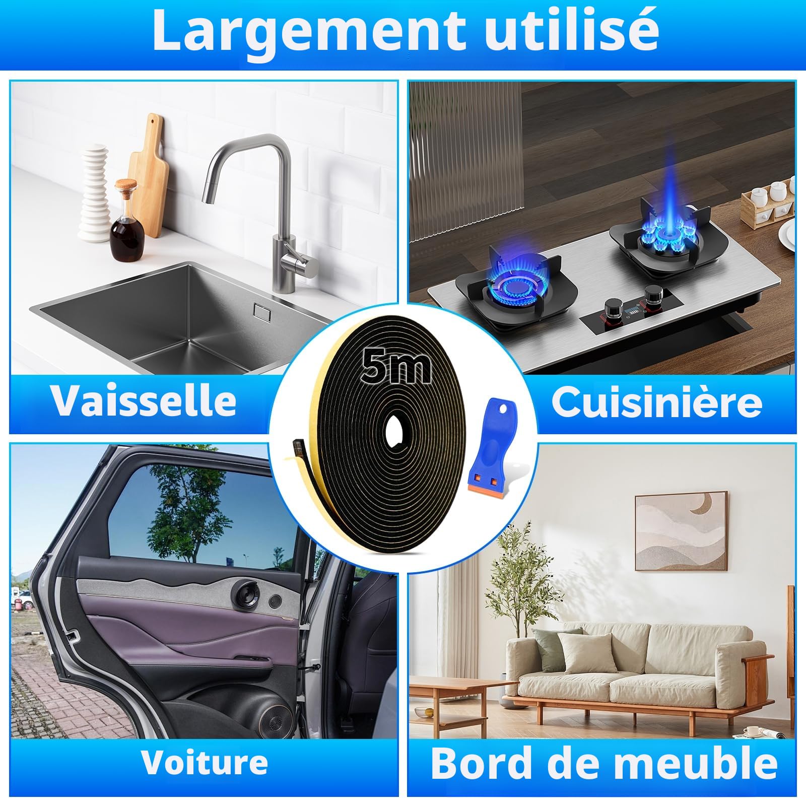 Bande d'étanchéité autocollante 5 m 7x2 mm caoutchouc mousse joint fenêtre cuisinières électriques