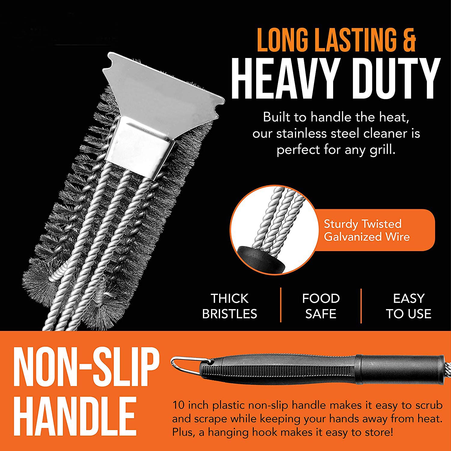 BININBOX Grill Cleaning Brush - Stainless Steel BBQ Cleaner Brush & Scraper, Sturdy Woven Wire Bristles & Nonslip Handle, Weber Gas/Charcoal Grill Cleaning Tool, Black