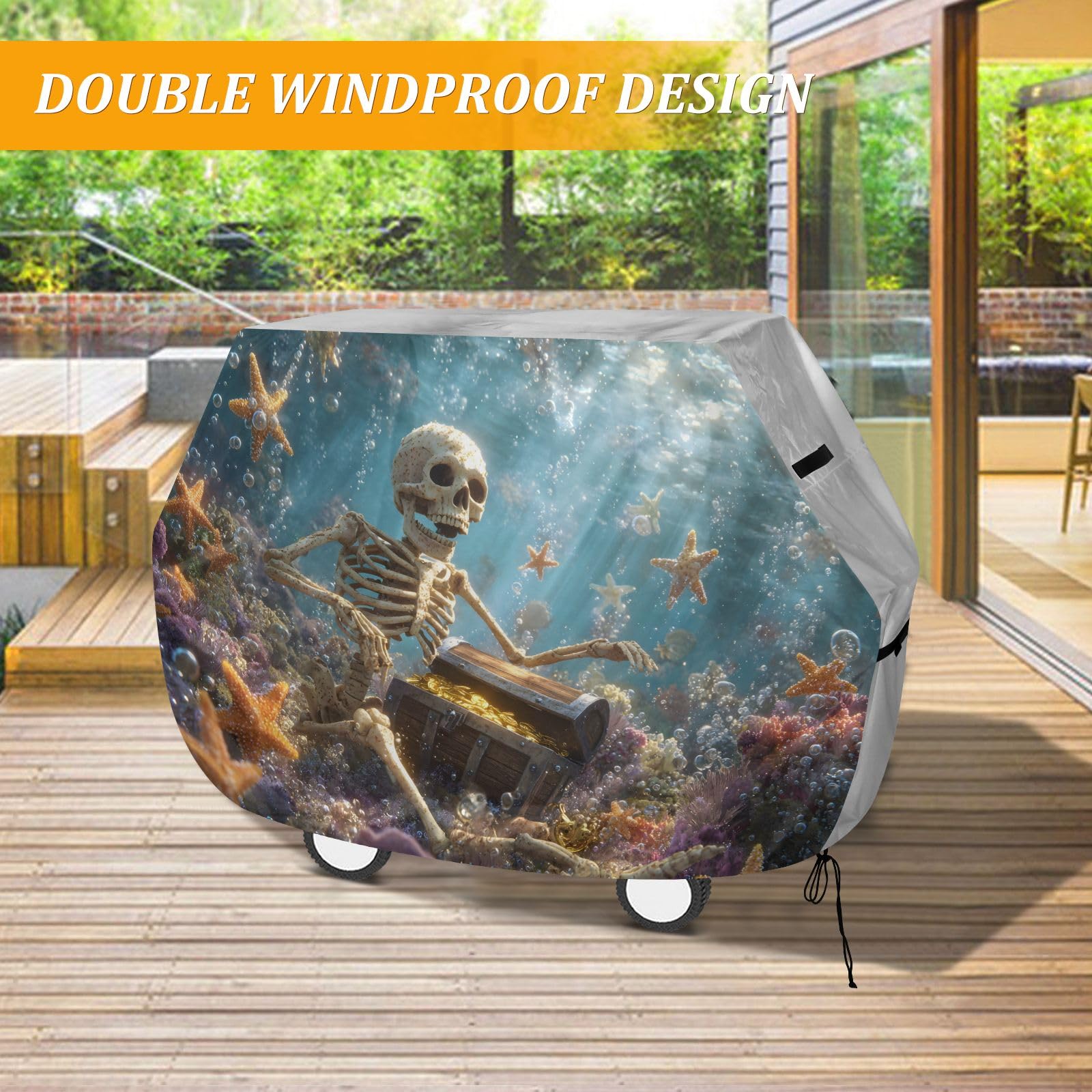 Copertura per barbecue di alta qualità, impermeabile, resistente allo sbiadimento, resistente, adatta per griglie fino a 63 cm, motivo: teschio felice e stella marina