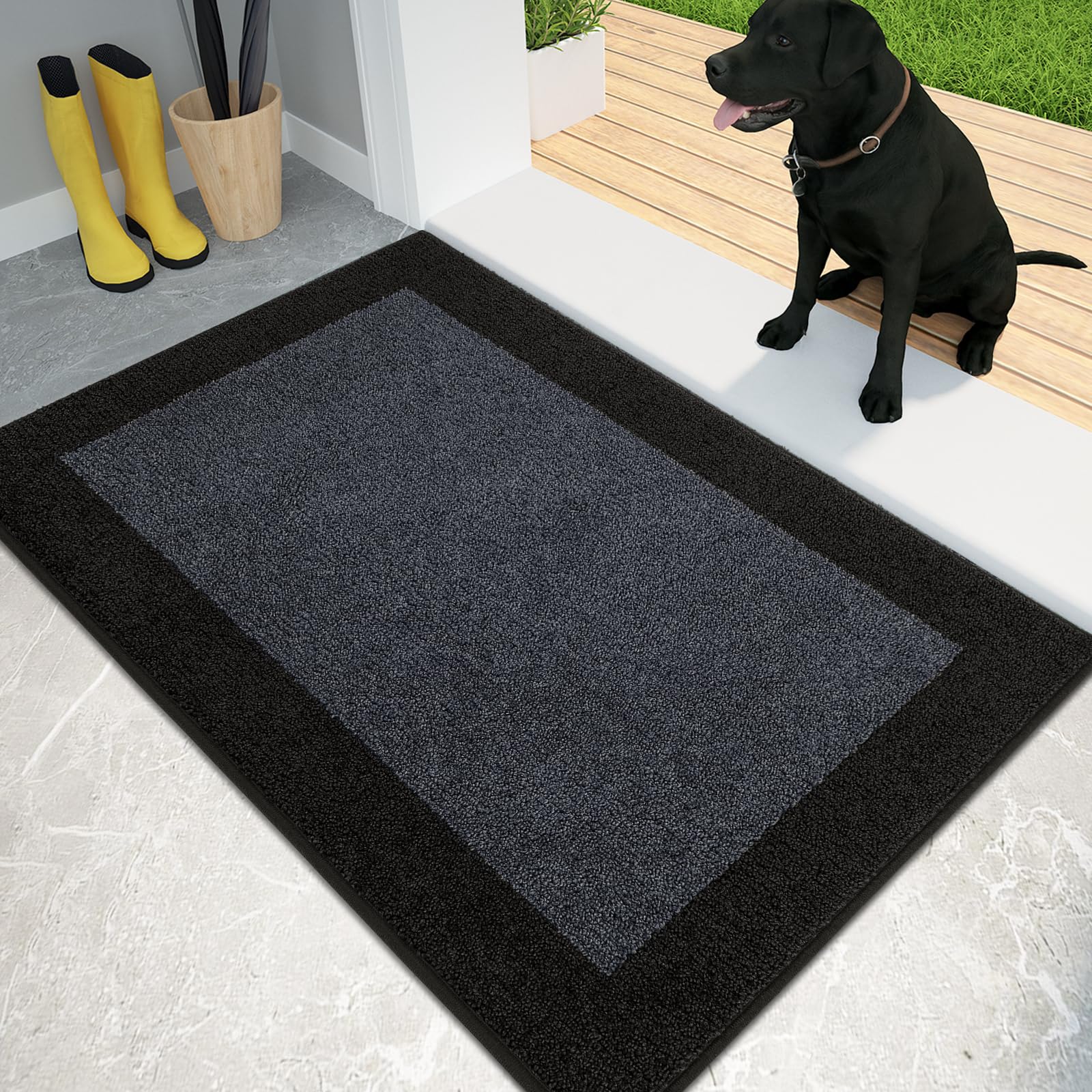 PURRUGS Dirt Trapper Door Mat 24" x 36", Non-Slip/Skid Machine Washable Entryway Rug, Shoes Scraper, Throw Rug, Super Absorbent Area Rug for Muddy Wet Shoes and Paws, Bluish Grey & Charcoal