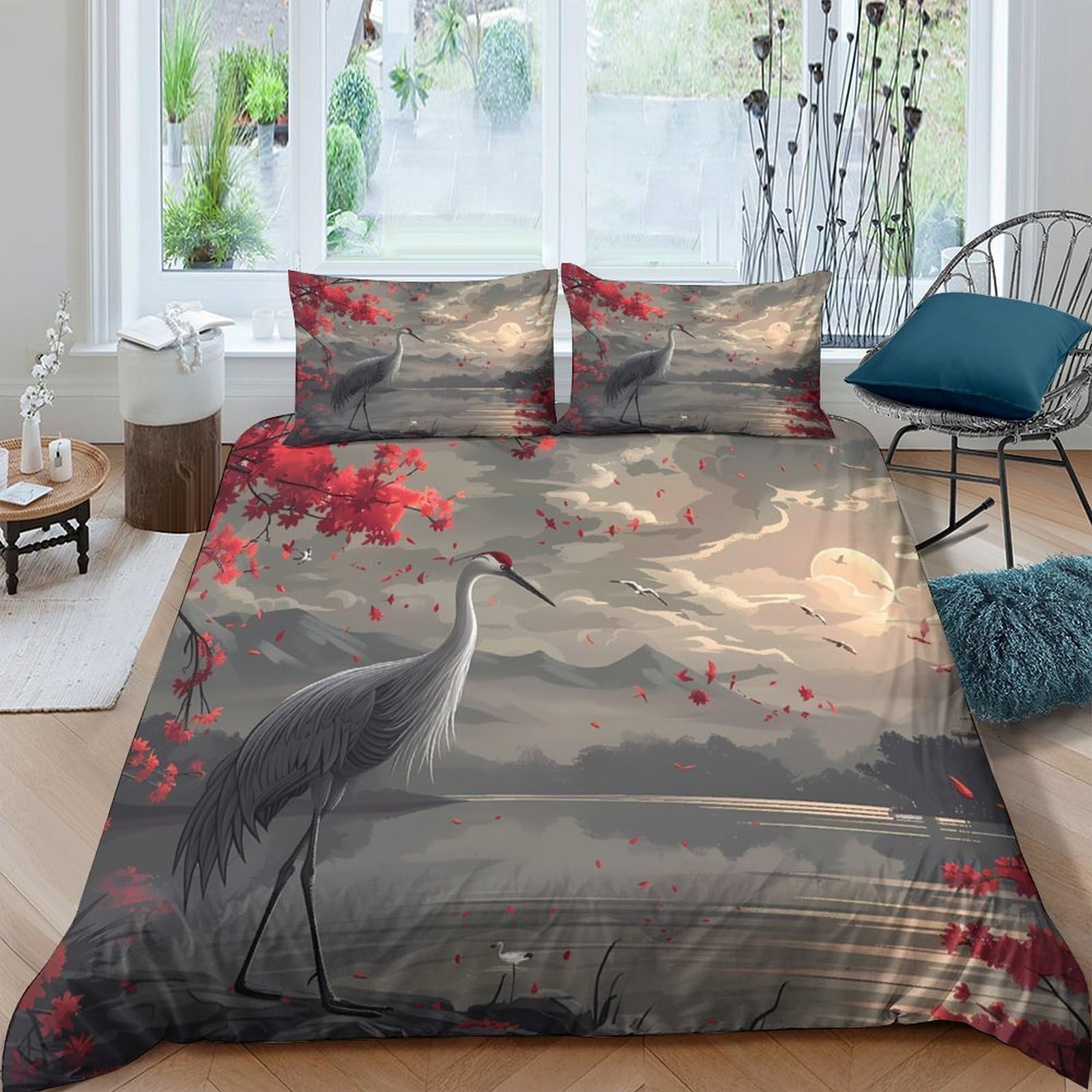 Ctjqhvkz Style-6 3D Printed Crane Moon Fitted Sheet Microfiber Soft Breathable Red Maple Mattress Cover For Bedroom Guest Room Decor Single（135X200cm）