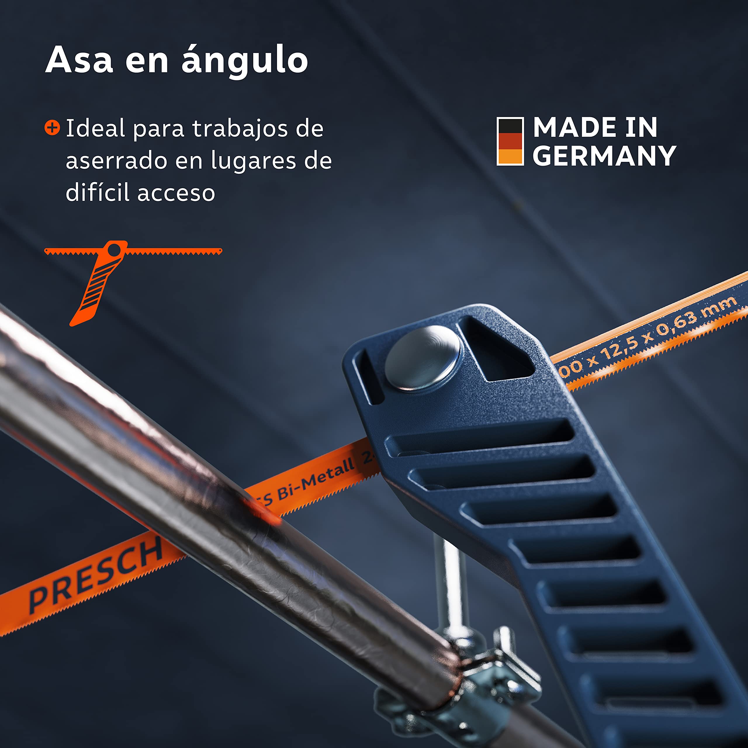 Presch Mini Sierra de Metal Flexible 300mm - de mano 3 en 1 incl. hoja de sierra para metal - Sierra de hierro pequeña ajustable con hoja para metalica