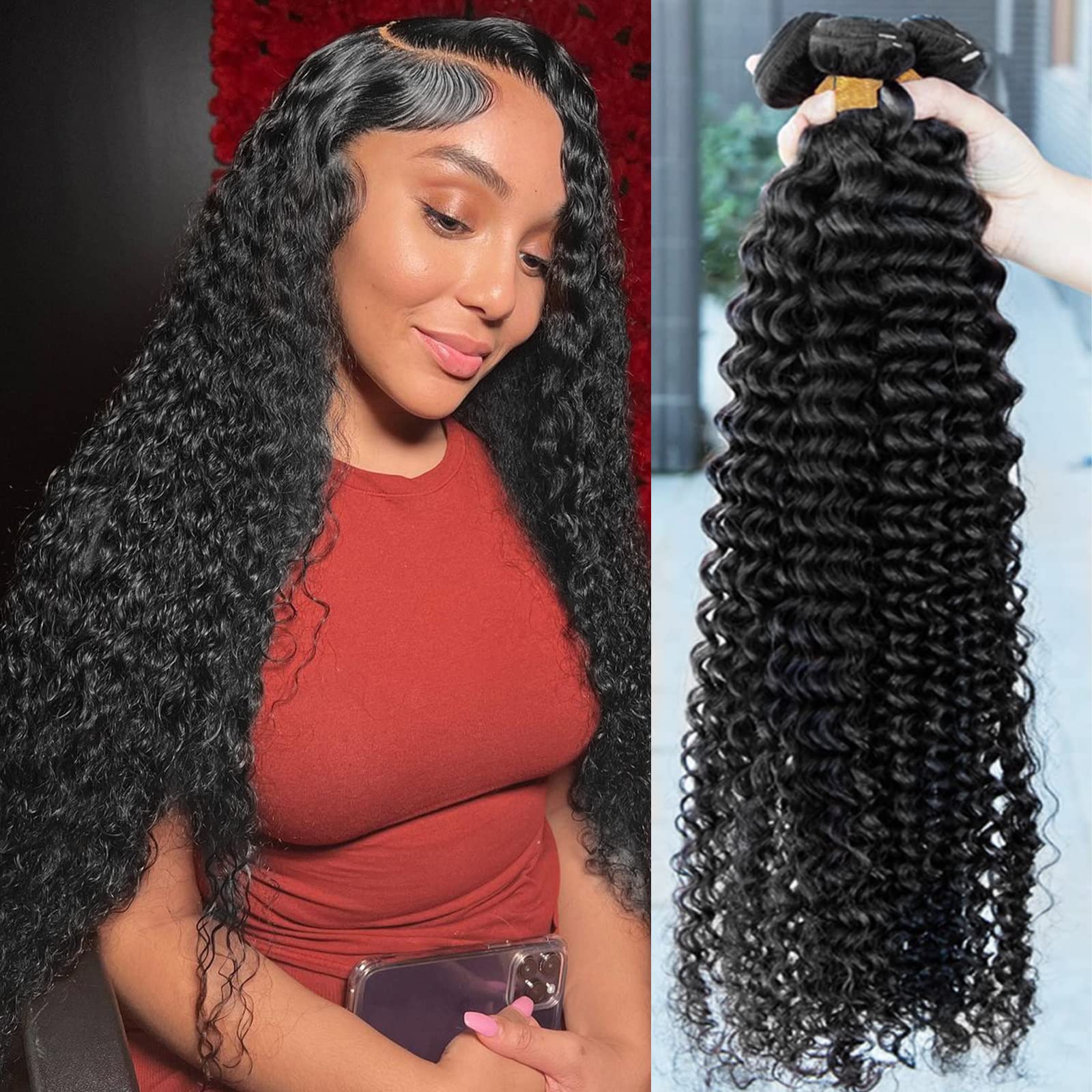 Boopwine Deep Wave Human Hair Bundles 12 14 16 Inch Curly Bundles Human Hair 100% Unprocessed Brazilian Virgin Human Hair 3 Bundles 10A Wet and Wavy Bundles Human Hair Natural Black Color