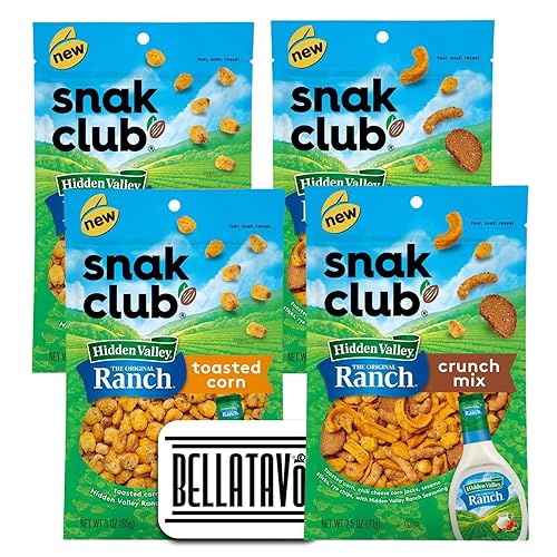 Paquete variado de nueces de maíz Ranch y mezcla crujiente Incluye cuatro bolsas de nueces de maíz Snak Club Hidden Valley Ranch y mezcla crujiente
