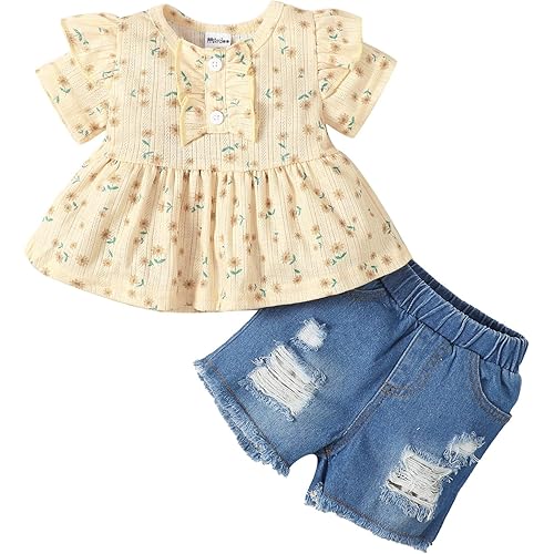 Mikrdoo Baby Girl Clothes Toddler Girl Summer Outfits Shirts Tops Ripped Denim Shorts Set Little Girl Clothes