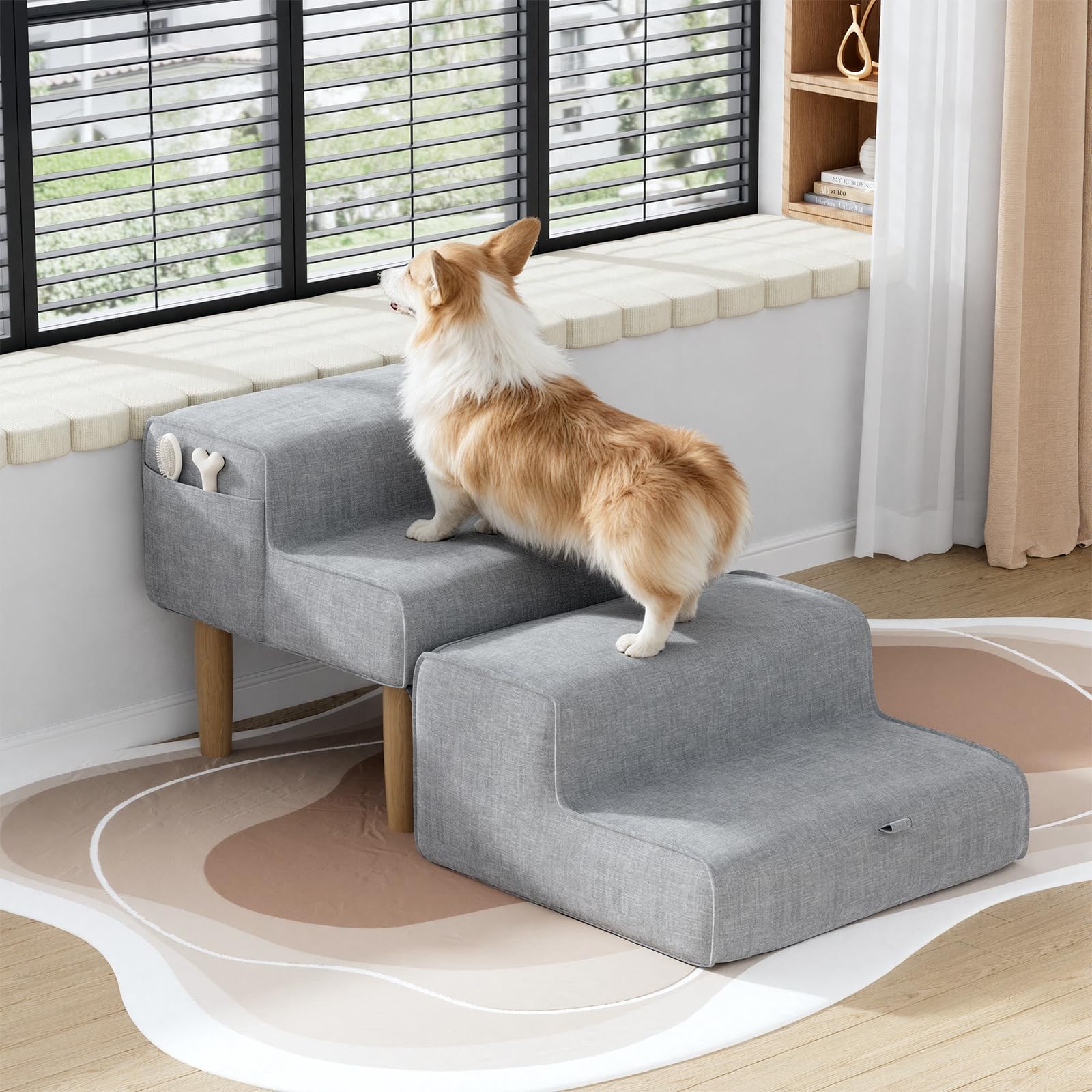 Scala per cani 2 in 1, pieghevole, per cani di piccola e grande, per divano e letto, 4 gradini, altezza 32 cm, colore grigio