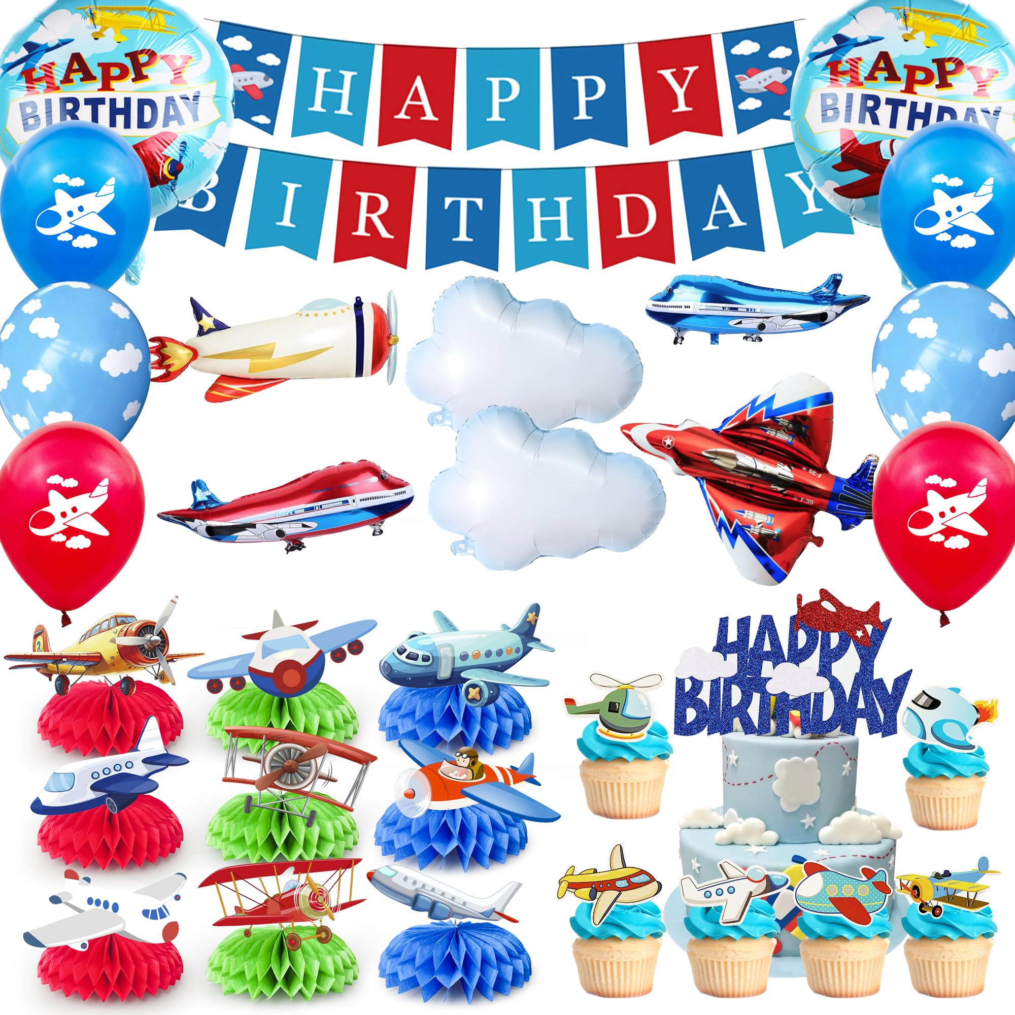 43pcs Airplane Birthday Party Decorations, Vintage Airplane Party Decorations Set, Airplane Balloons Cake Decorations Plane Honeycomb Centerpieces etc Airplane Decorations