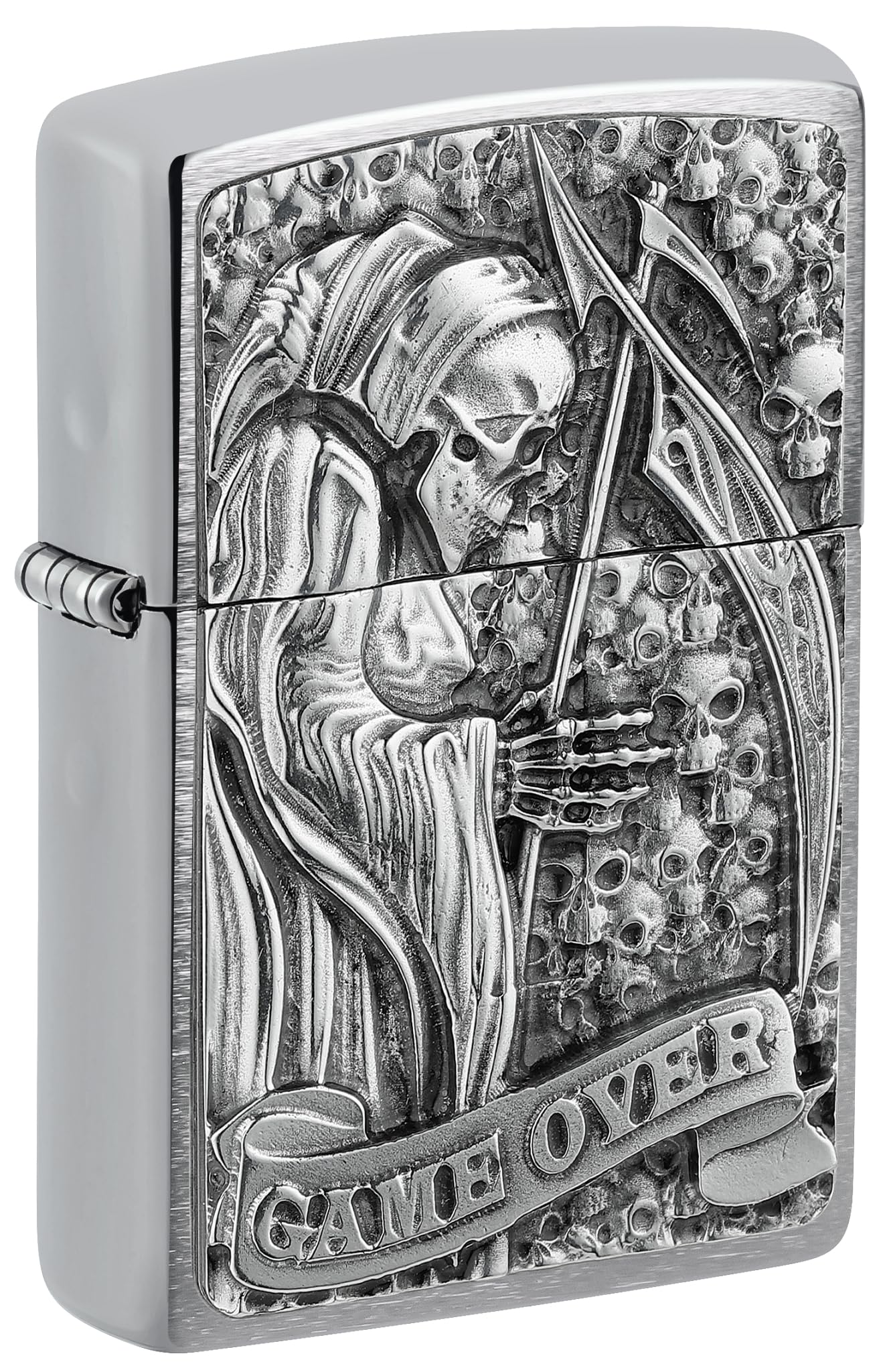 Zippo - Mechero de Reaper Game Over 3D, Cromo Pulido, con Emblema, Recargable, Reutilizable, diseño Resistente al Viento, Caja de Regalo, Fabricado en Estados Unidos