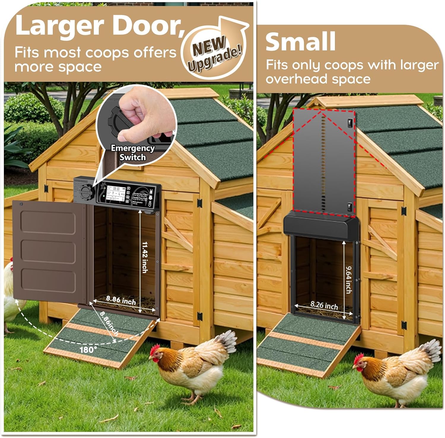 Comparison of the MASTERFUN side-opening door with a traditional vertical-opening door, highlighting the larger opening and no overhead space requirement.