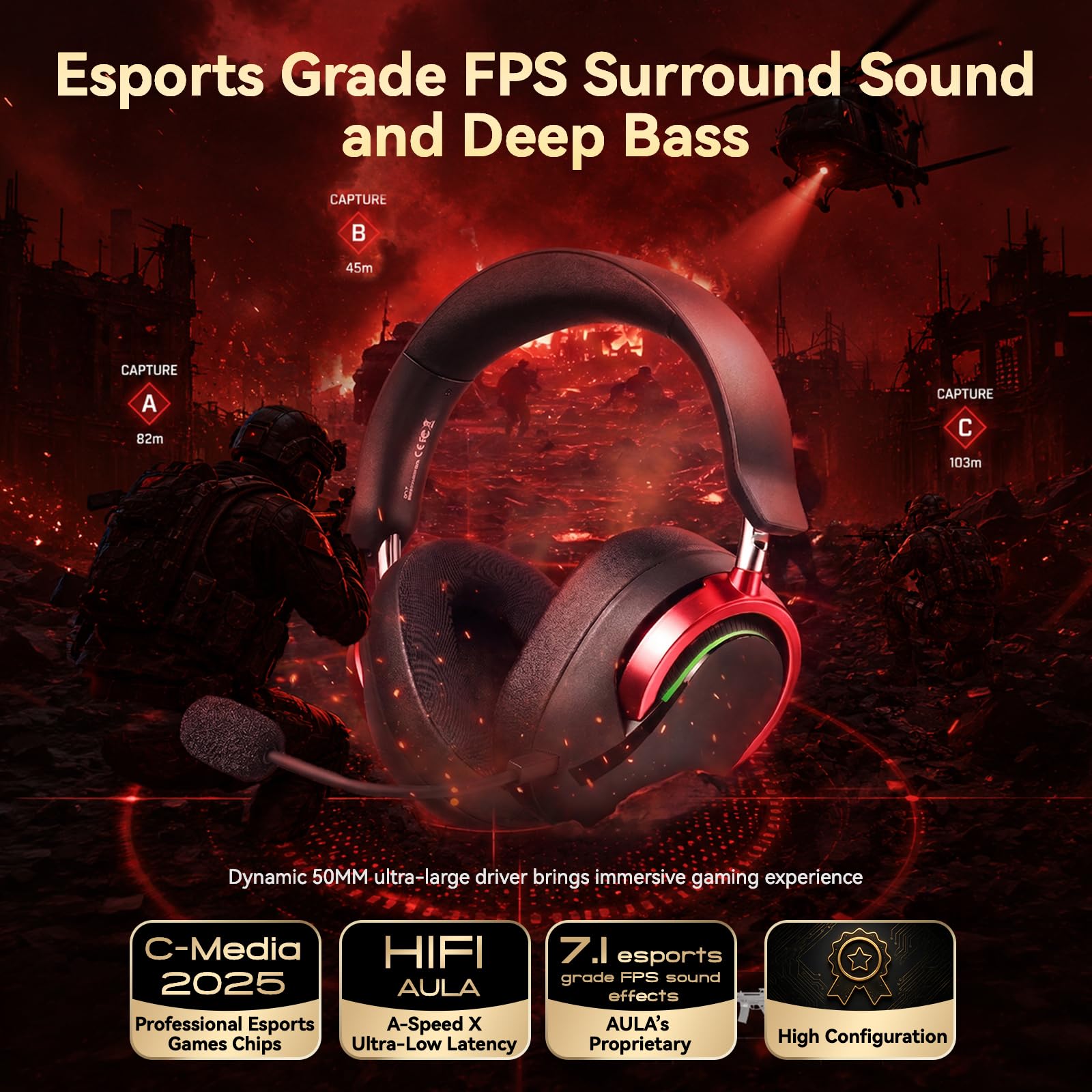 Auriculares inalámbricos para juegos de PC con micrófono y cancelación de ruido, multiplataforma, sonido envolvente 7.1, controladores de 50 mm, RGB, marco de aluminio, almohadillas de espuma