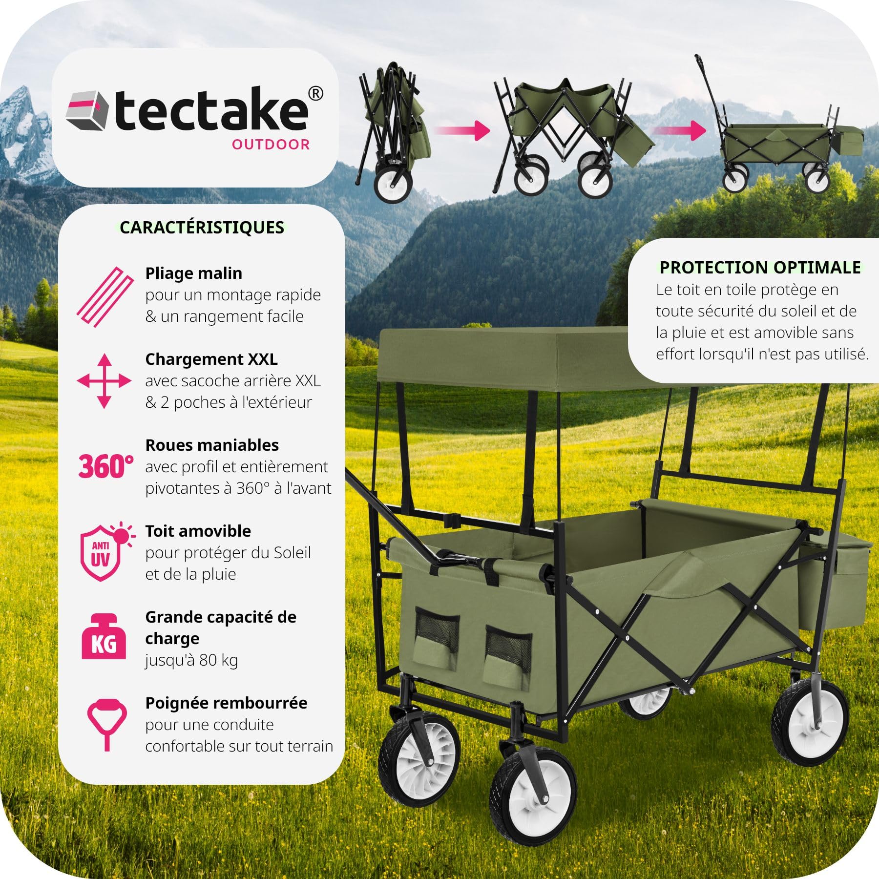 Chariot De Transport Pliable 80kg - 4 Roues 360° - Imperméable - Tectake