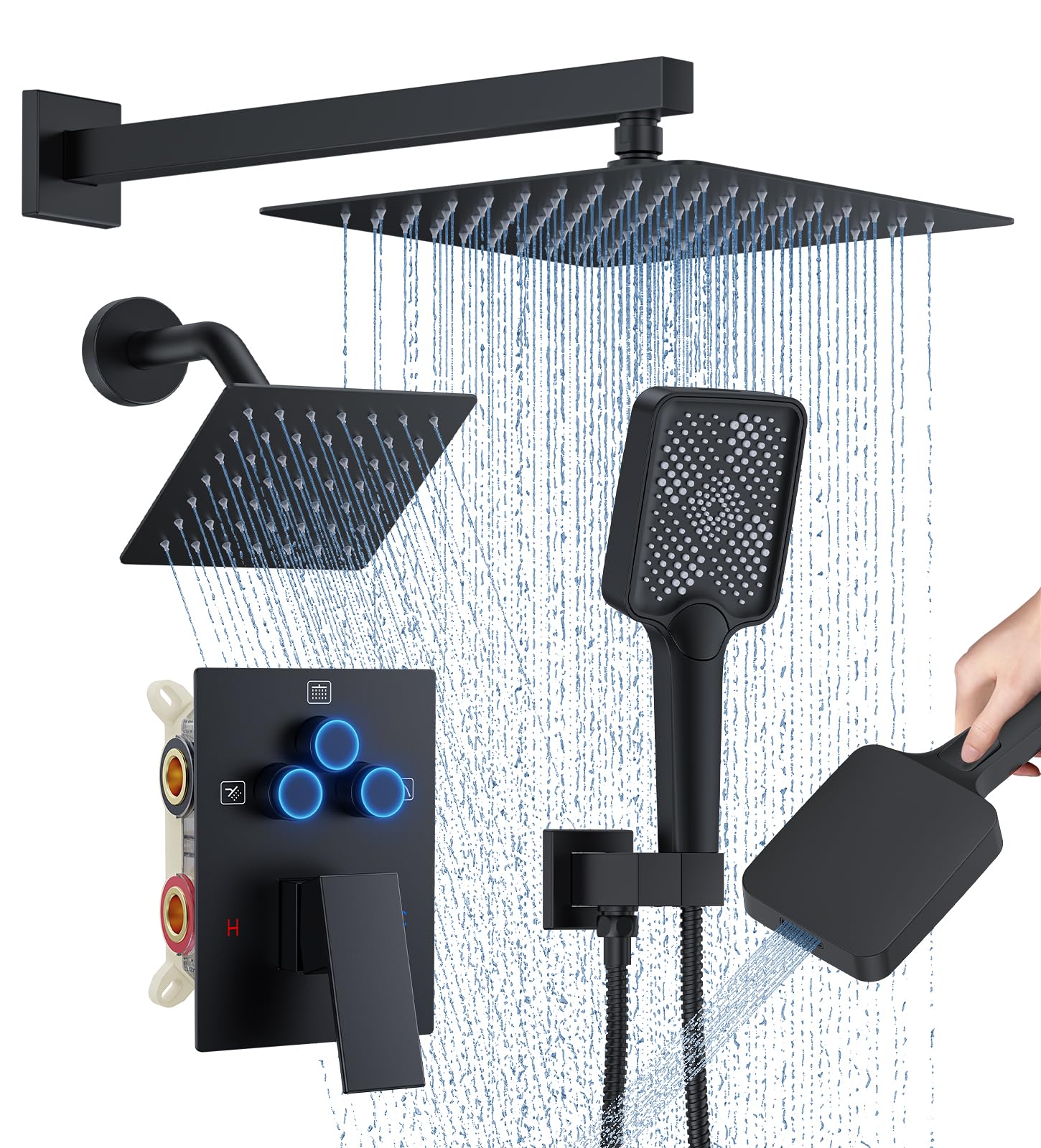 WOINDO Shower Faucet Set, 10" Wall Mount Rainfall Shower System with 2 Rain Shower Head and Multi-function Handheld Head Push Button Diverter Shower Faucet Trim Kit