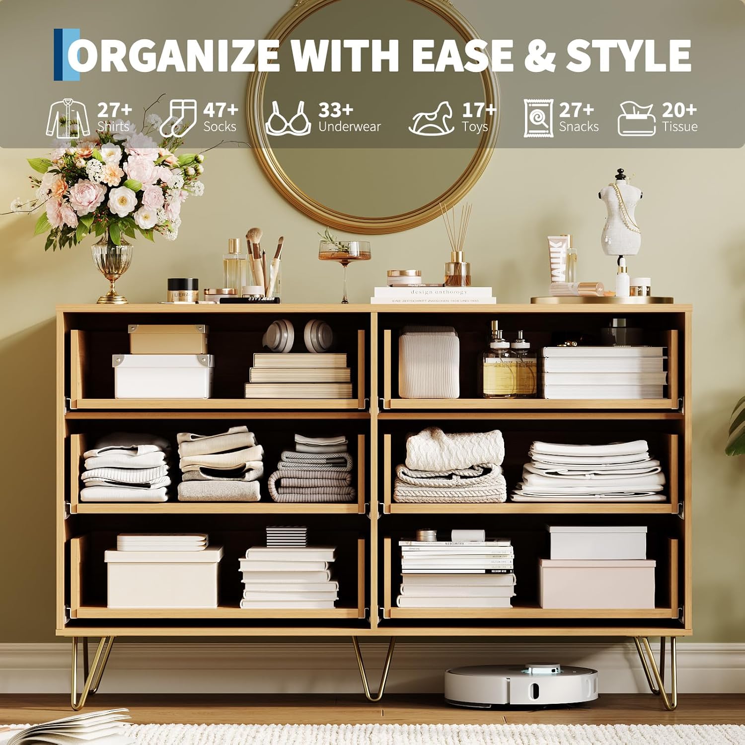 Fluted Dresser for Bedroom, 47" Wide 6 Drawer Wooden Chest of Drawers with Metal Handle, Modern Clothes Storage Organizer, Multi-Purpose Closet Dresser & TV Stand for Living Room Hallway,Natural