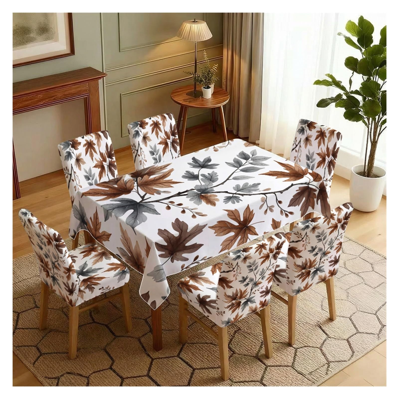 BOSUYBN Stretch Dining Chair Slipcovers And Tablecloth Set, Fall Maple Leaf Print, 5/7 Pack For Autumn Farmhouse Dining Decor Table Setting(7pcs Set: Tablecloth+Chair Covers)