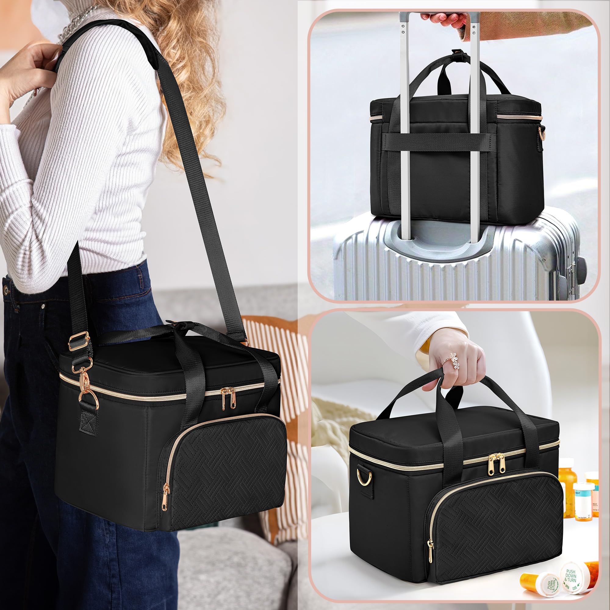 Borsa Porta Medicinali 2 Borse Mediche Organizer Flaconi Pillole Pronto Soccorso Vuota Viaggi Nero